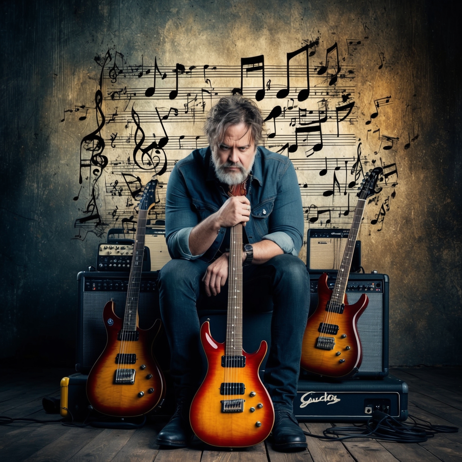 Create an image of a thoughtful guitarist surrounded by musical notes and electric guitars, set in a grunge-inspired setting. The scene should capture the essence of creative musical composition, conveying a sense of introspection and innovation. The guitarist should have a contemplative expression, with elements of heavy metal and grunge blended into the backdrop, highlighting a fusion of different musical influences.