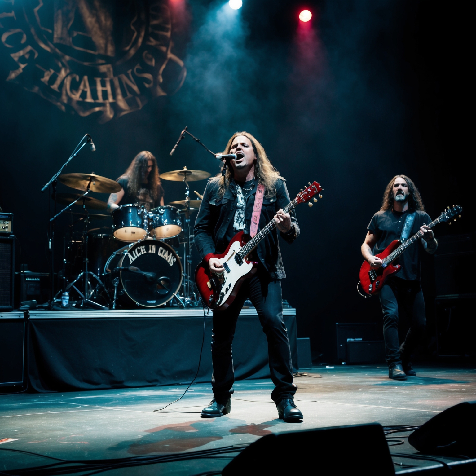 Alice In Chains band performing live on stage, capturing the energy of grunge rock music, dark and moody atmosphere, 1990s rock band aesthetic, award nomination theme, music recognition, cultural impact