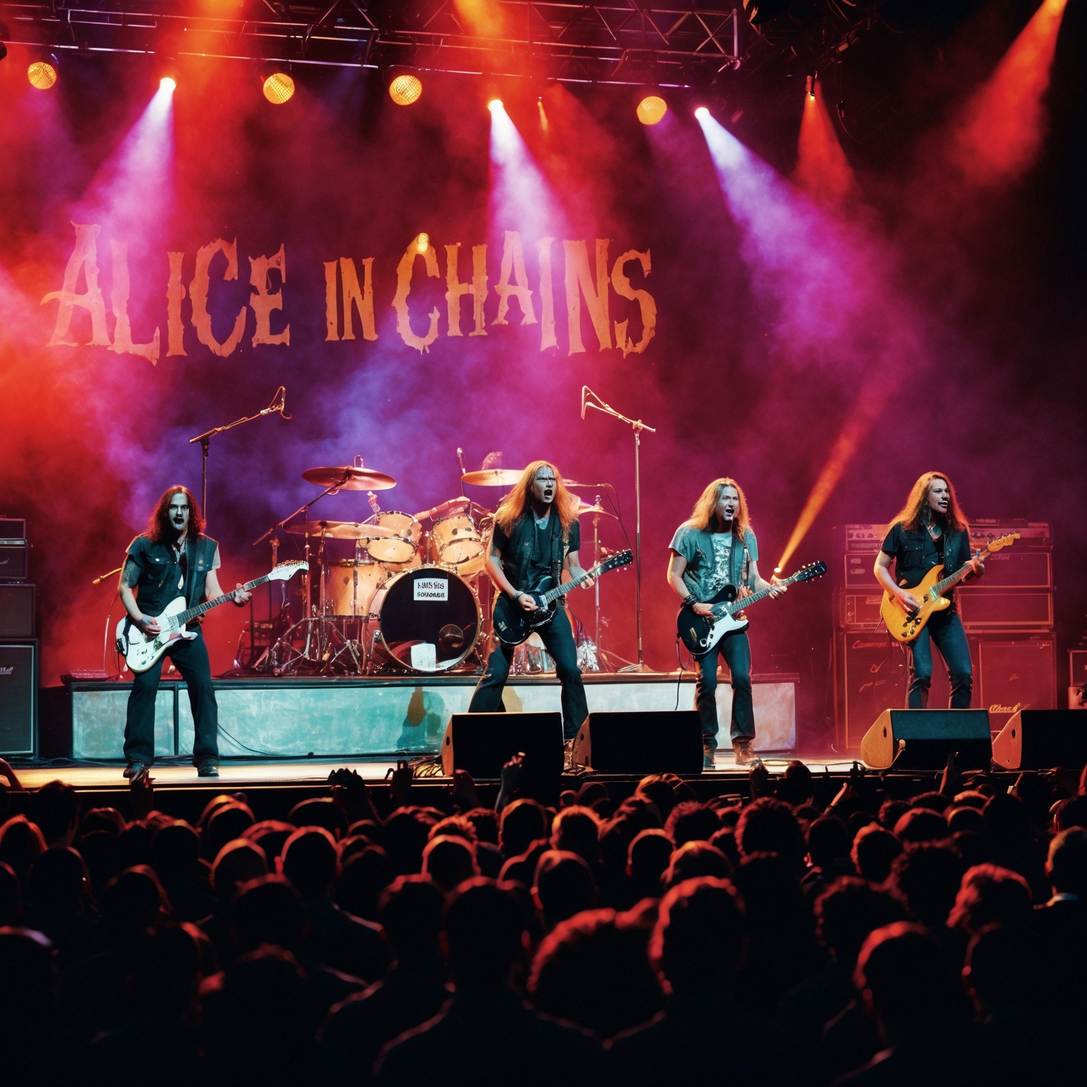 An energetic and vibrant image of a rock band performing on stage in the mid-90s, with dramatic lighting and a large crowd, conveying the atmosphere of a successful live rock concert, capturing the essence of Alice In Chains