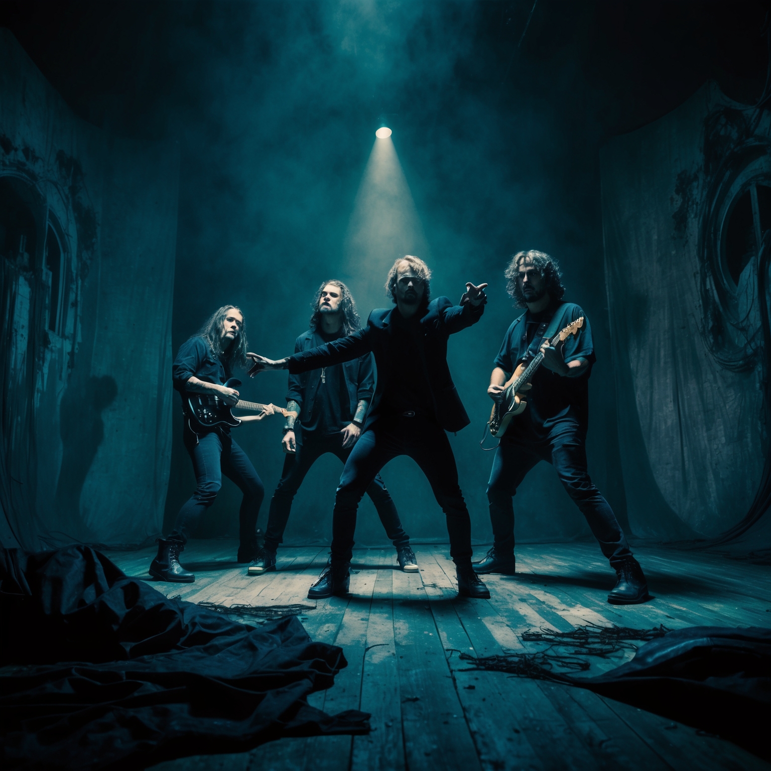 Create an image depicting a dark, surreal setting with striking lighting to capture the moody and haunting essence of a 90s grunge music video. The scene should convey a sense of dream-like yet unsettling atmosphere, featuring band members in dynamic poses. The color palette should be muted, using dark blues and grays to enhance the eerie vibe. Include elements of abstract and surreal designs, possibly incorporating symbolic motifs like shadowy figures or abstract patterns to intensify the visual experience.