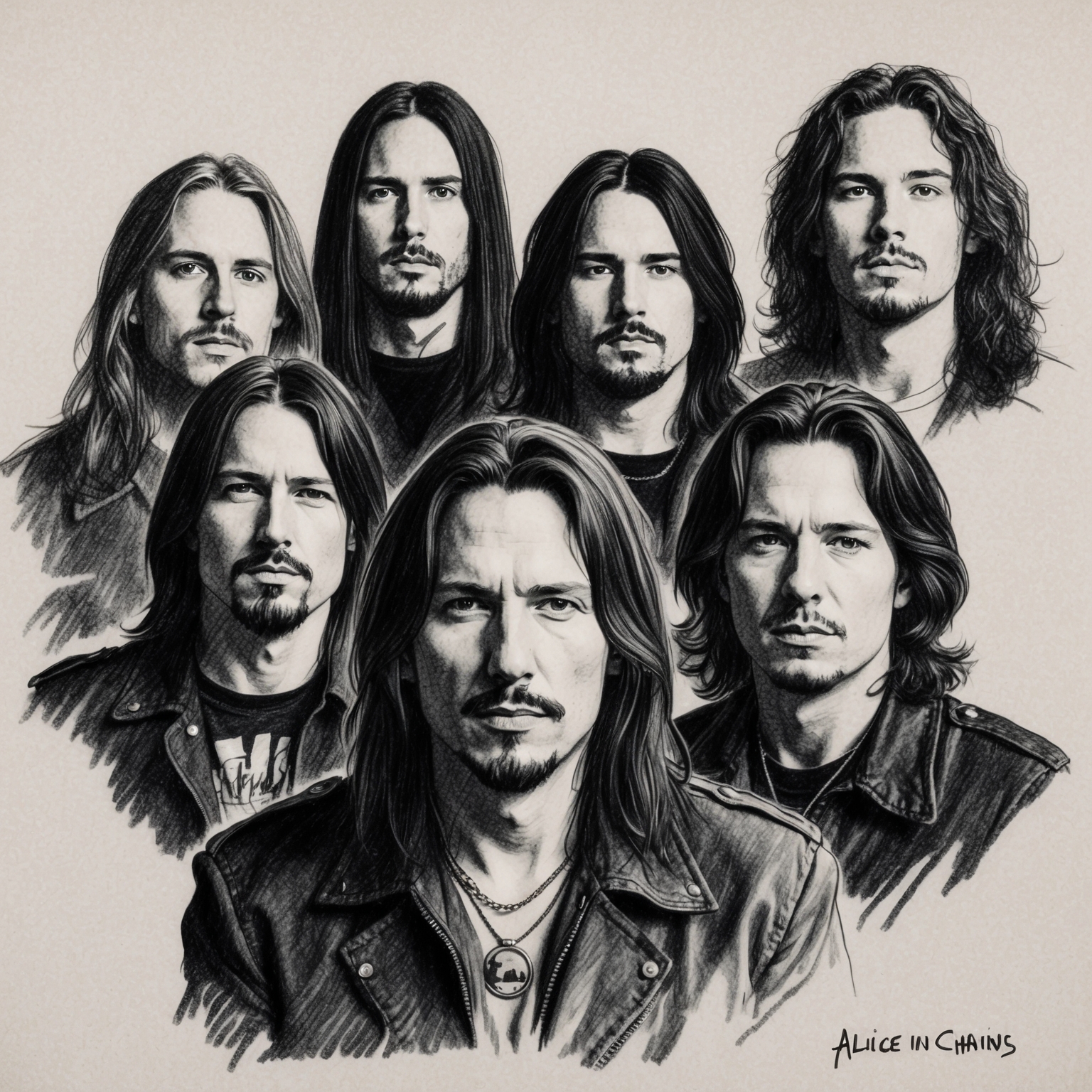 Create a charcoal, stylistic drawing of the band Alice In Chains. Capture the essence of a black and white charcoal portrait, with a half finished feel, focusing on the members around the time of their early 1990s breakthrough.