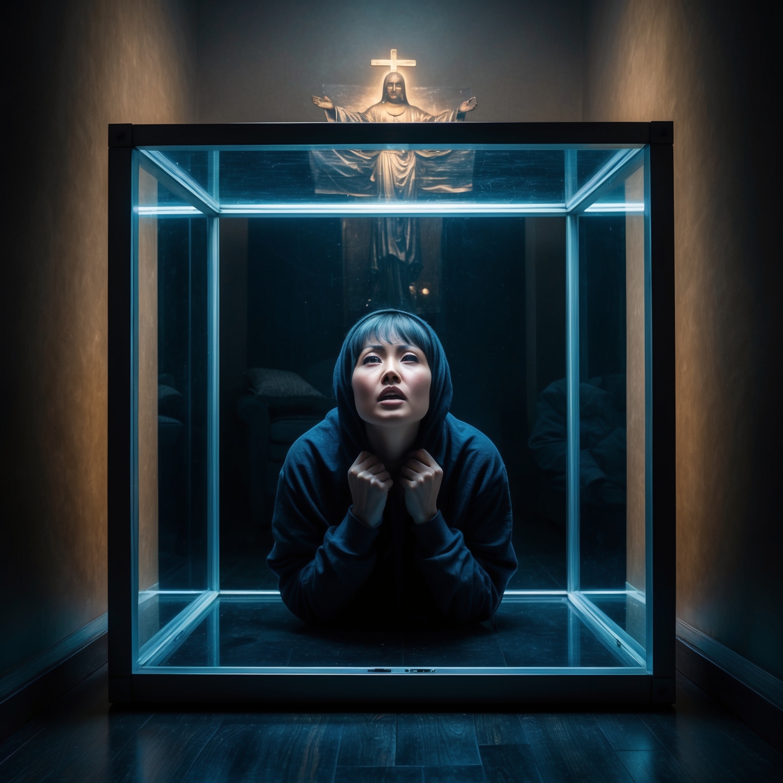 Create an image reflecting the essence of entrapment and desperation. Visualize a person enclosed or trapped in a transparent box, their expression a mix of despair and longing. Dark, moody lighting should emphasize the mood. Symbolic religious elements, subtly reflected within the scene, offer deeper themes of questioning faith and seeking salvation.