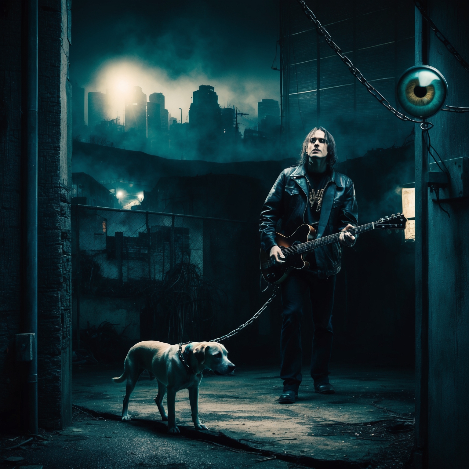 Create a detailed and atmospheric artwork that captures the gritty and surreal visuals of a 1990s grunge music video. Feature a scene with dim lighting and shadowy urban landscapes with a focus on a lead singer, using a fisheye lens effect. Include abstract elements like a chained dog and a watchful eye. The mood should be introspective and thought-provoking, reflecting themes of confinement and existential dread.