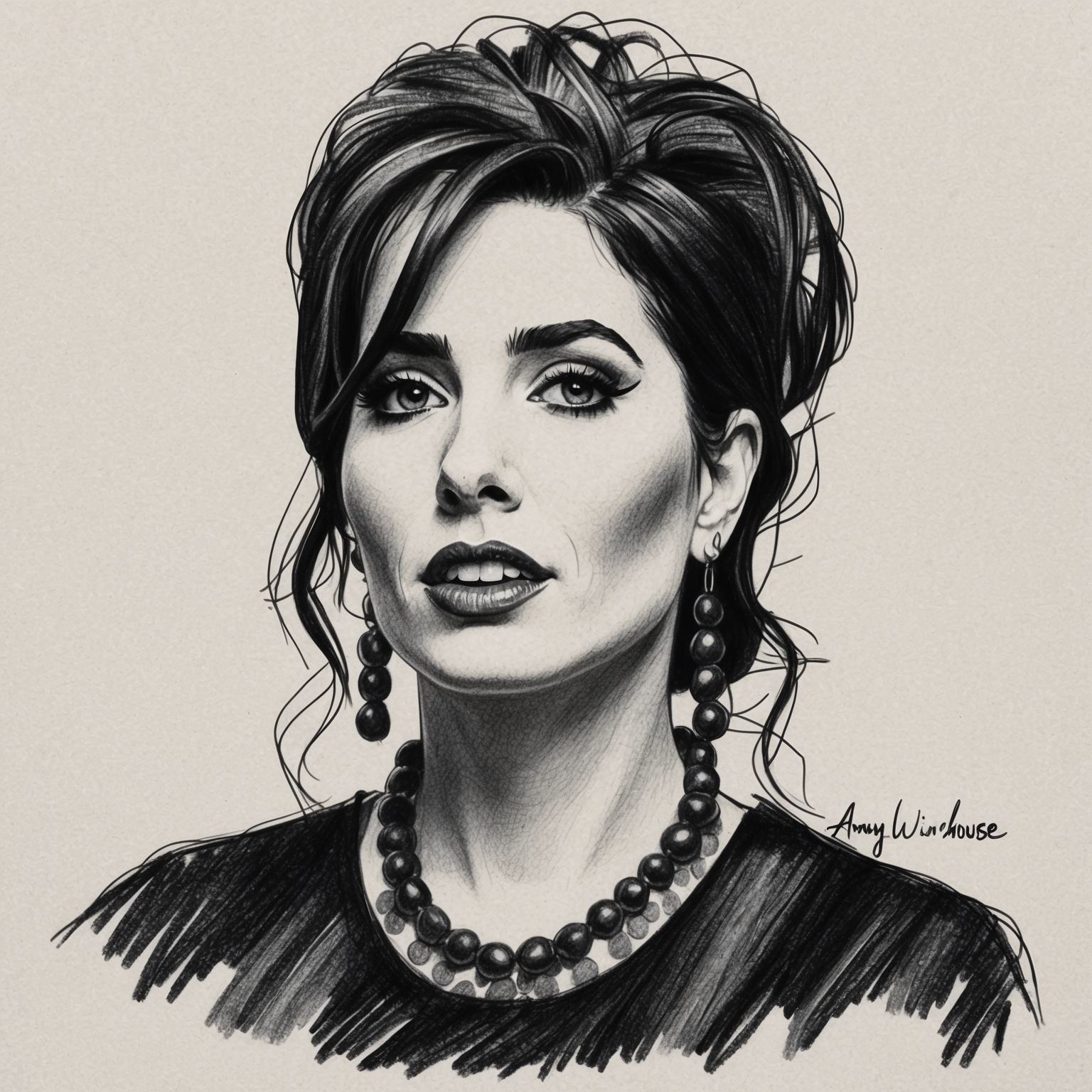 Create a black and white charcoal portrait of Amy Winehouse with a half-finished, stylistic feel, capturing her expressive and soulful presence in a unique artistic manner.