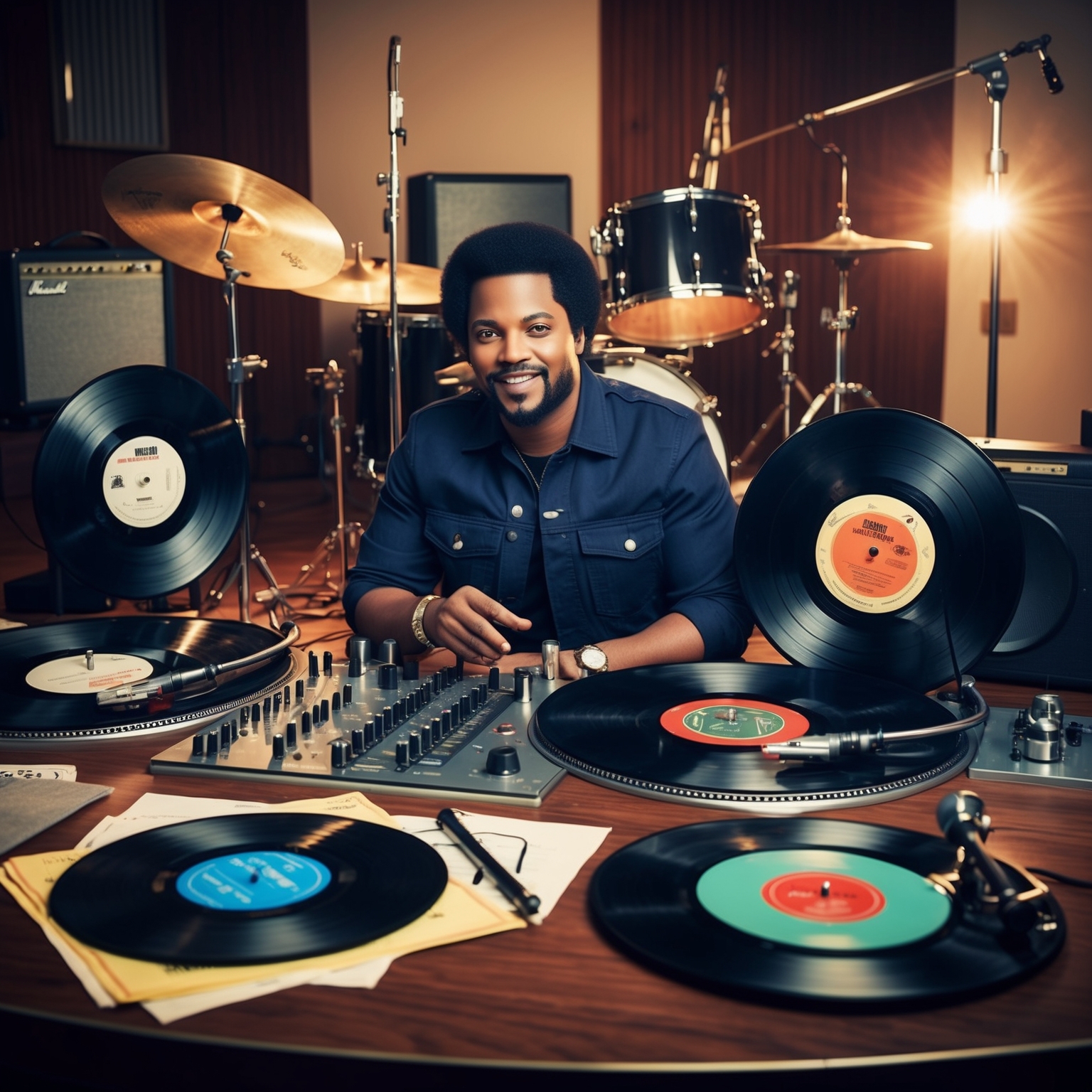 Create an image of a recording studio setting, with retro and modern musical instruments around. Emphasize the ambiance with elements representing R&B, funk, and pop genres. Include artistic depictions of a diverse set of vinyl records to symbolize the influence of music legends like Michael Jackson and Prince. The scene should evoke a sense of creativity and musical harmony, reflecting Bruno Mars