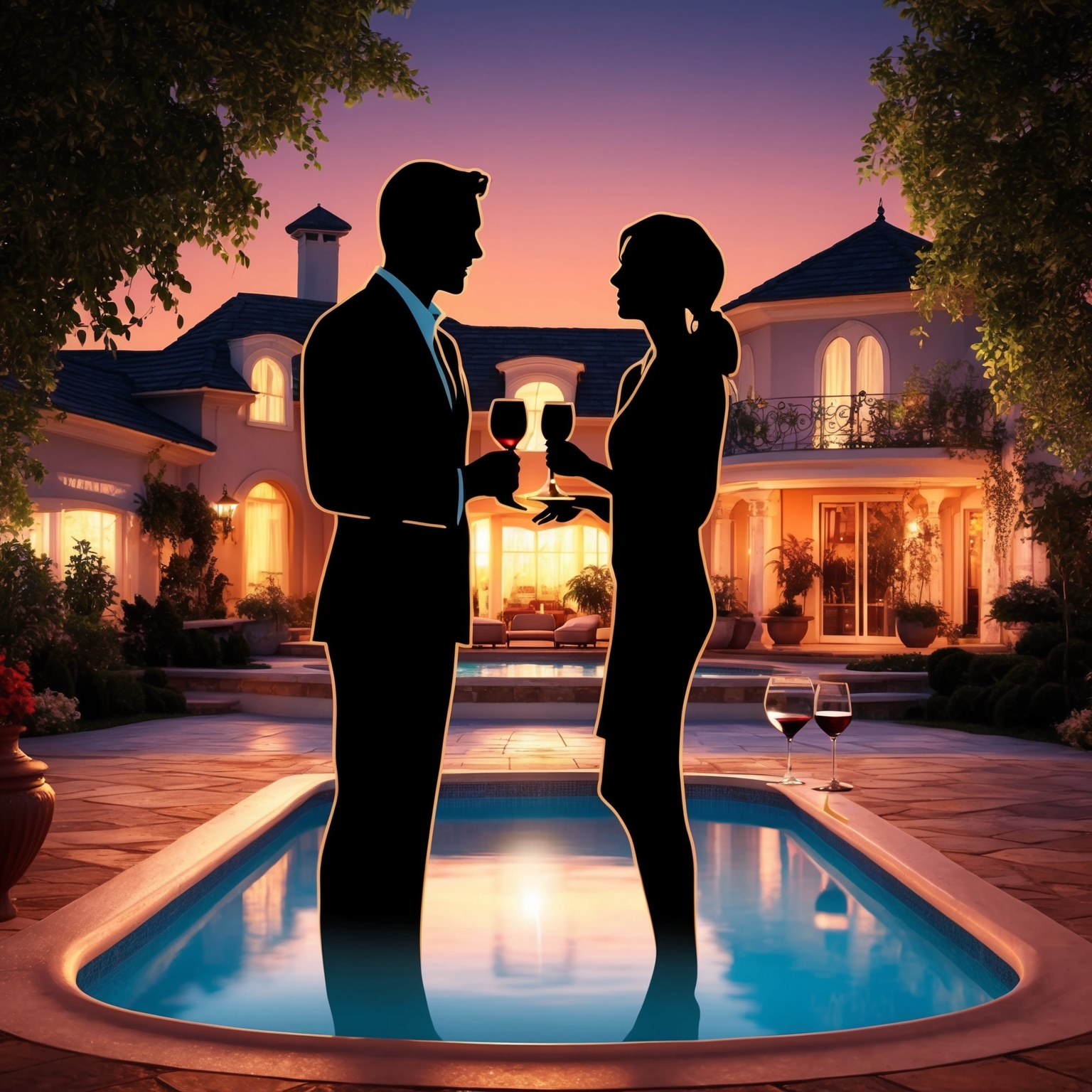 Create an illustration capturing a romantic evening setting with a silhouette of a couple in conversation, surrounded by luxurious details like a warm pool, glass of wine, and a mansion backdrop. Use warm and inviting colors to reflect the song