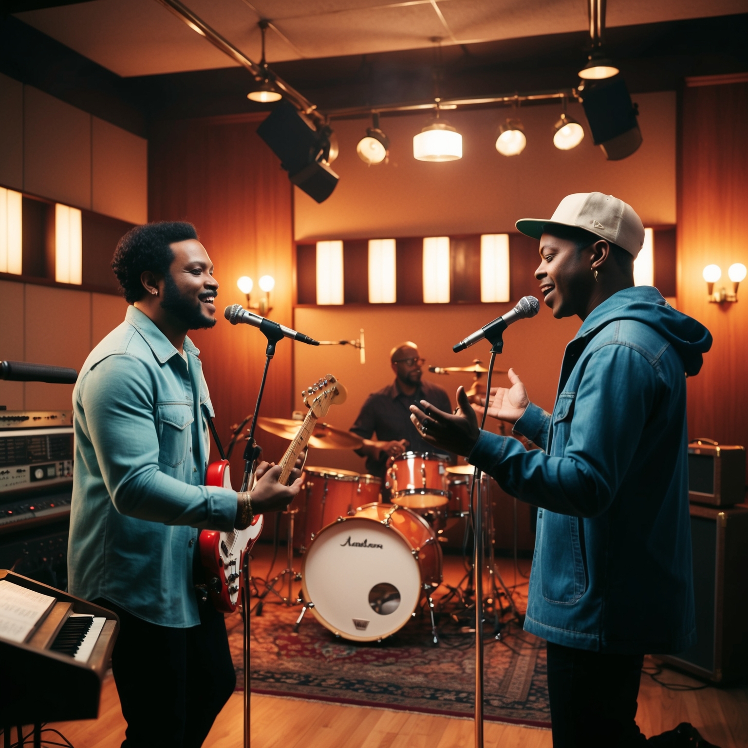 A vintage recording studio with 1970s décor, Bruno Mars and Anderson .Paak performing, soft warm lighting, live band setting, retro-themed, cinematic shots, authentic 1970s style.