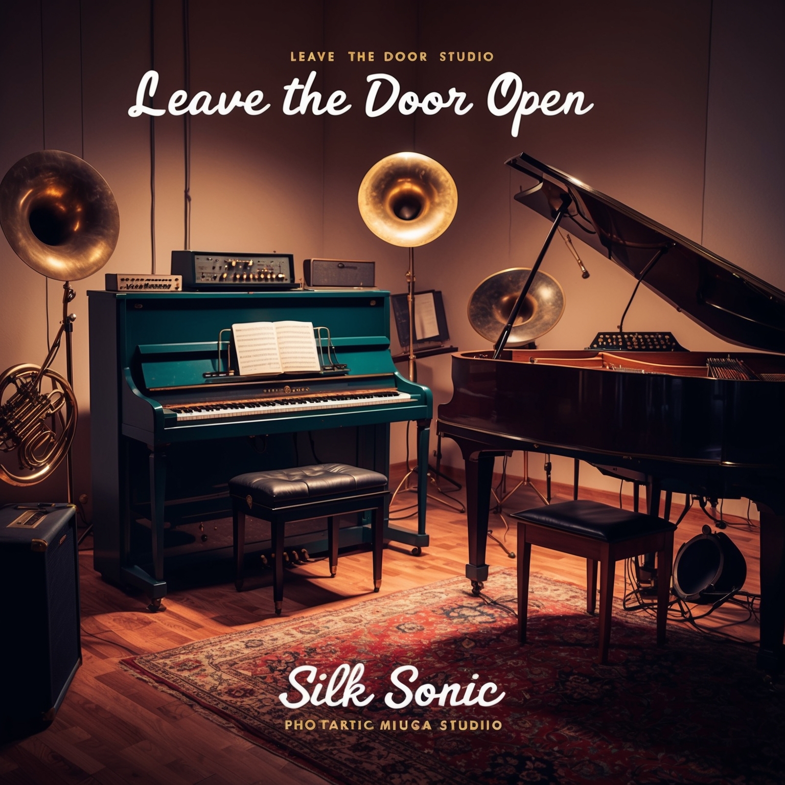 Create an image illustrating a vintage recording studio filled with retro instruments like Rhodes piano and live brass, capturing the soulful ambiance of 