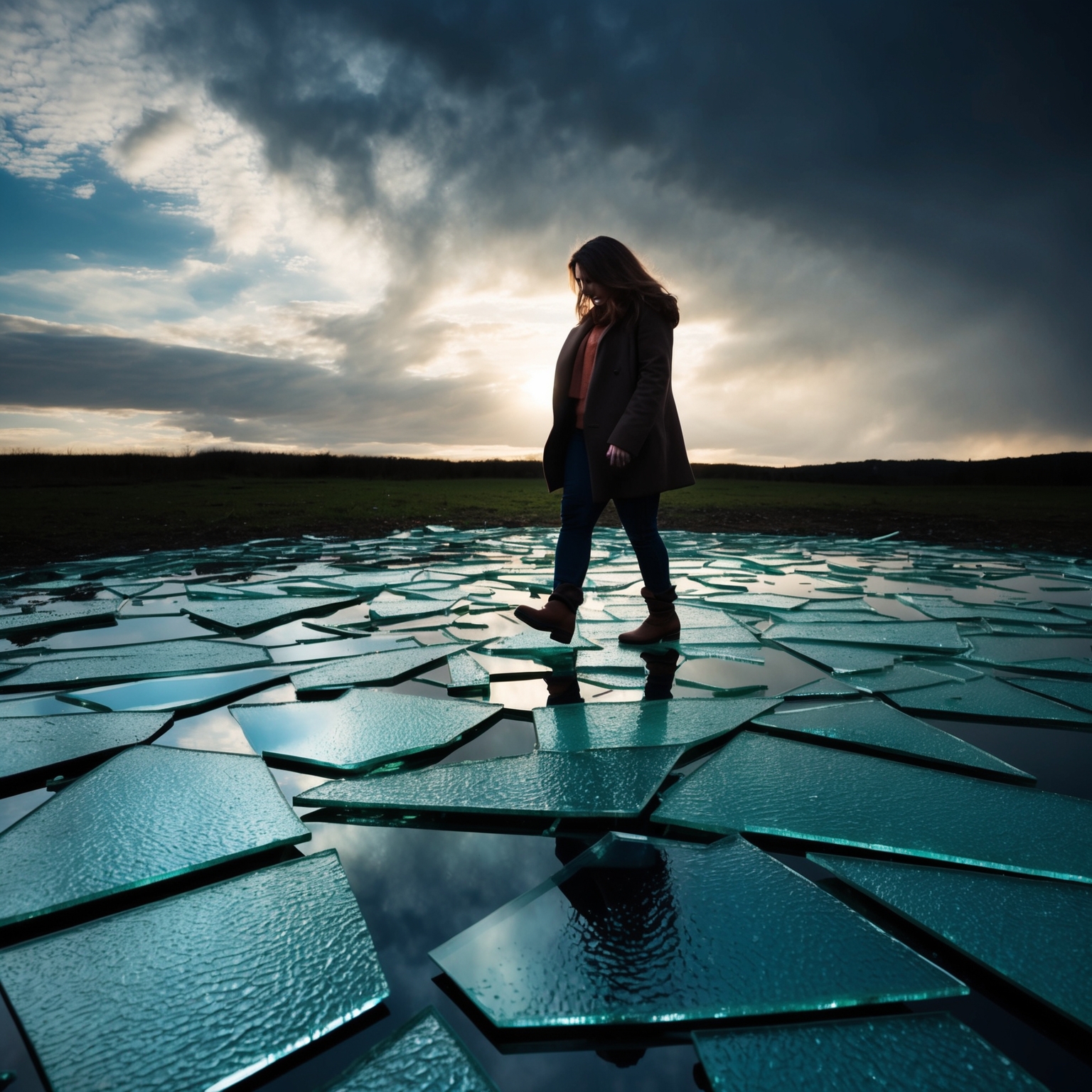 A reflective and emotional depiction of walking on shattered glass, symbolizing emotional turmoil and heartbreak. The scene captures wistful emotions, with a focus on walking through a fragmented landscape under a dramatic sky, evoking a sense of longing and vulnerability.