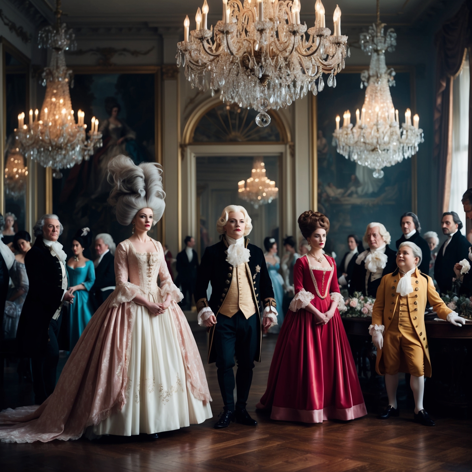 Create a visual scene depicting an opulent 18th-century ballroom with grand chandeliers, people in lavish period costumes, including a striking female figure resembling Annie Lennox with towering hairstyles and regal attire. The atmosphere is one of dramatic intensity, reflecting themes of heartbreak and elegance. Include subtle references to a distinguished actor closely resembling John Malkovich and another charming figure akin to Stephen Fry looking on attentively. Ensure the overall tone is theatrical and artistic, capturing the elegance and emotional depth of a visually compelling music video scene.