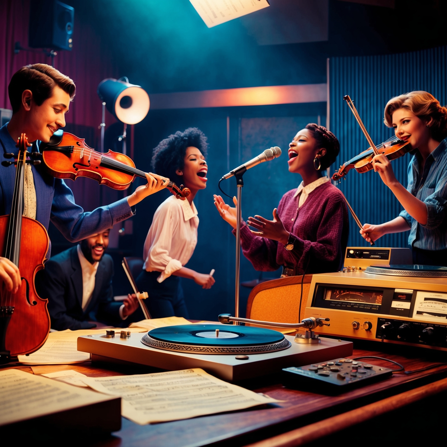 Create a vibrant, dynamic image capturing the essence of a music studio in the early 90s, with a focus on an animated scene of musicians playing string instruments like violins, a singer passionately delivering lyrics, and an audiophile