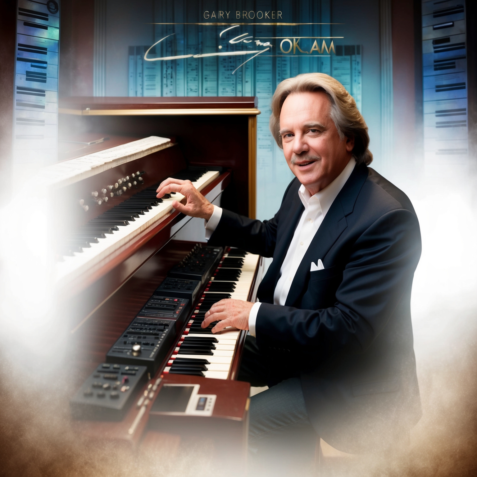 A detailed digital portrait of Gary Brooker playing an organ, capturing the classical and rock fusion style. The background reflects a vintage music studio ambiance, focusing on the symphonic rock atmosphere that Brooker is known for.