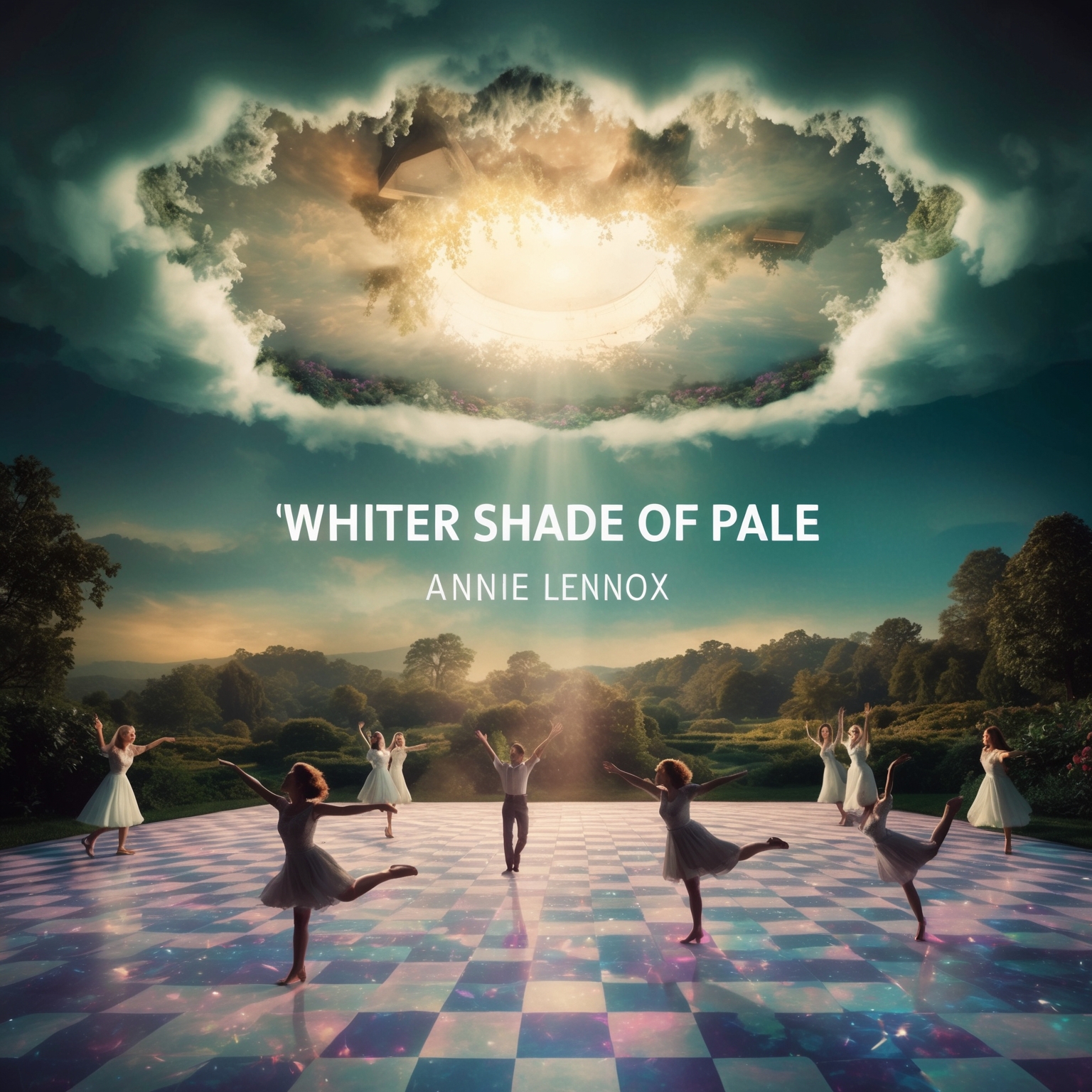 A dreamlike surreal landscape inspired by the song "Whiter Shade of Pale" by Annie Lennox, featuring vivid imagery like a dance floor with figures performing cartwheels and a magical ceiling that seems to float away. The scene is imbued with a sense of mystery and depth, reminiscent of psychedelic art, capturing themes of nostalgia and existentialism.