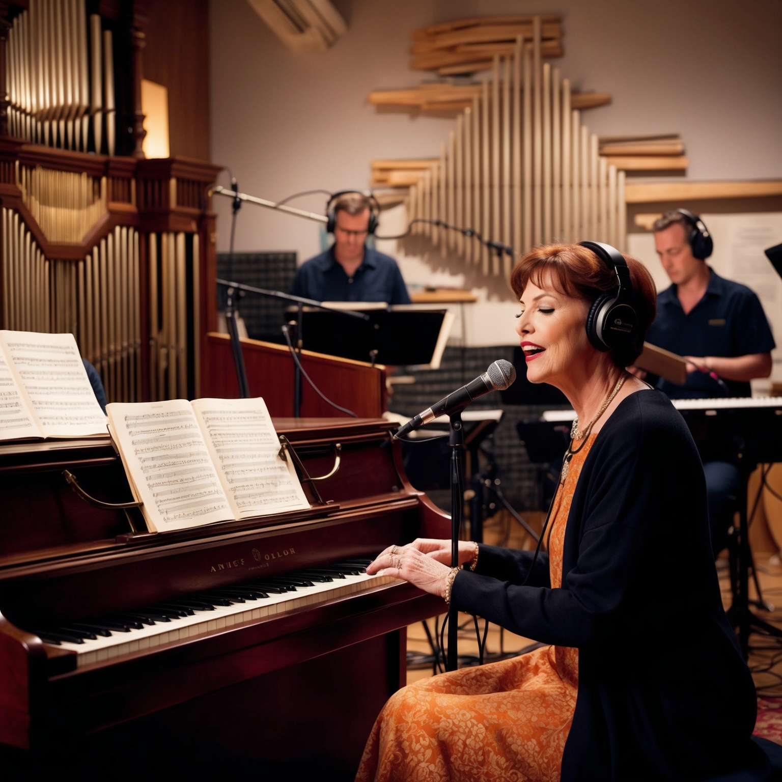 Create an image depicting a dimly lit recording studio scene from the late 1990s, capturing a vintage organ and piano setup with sound engineers in the background. Annie Lennox is at the microphone with headphones on, immersed in singing, featuring a backdrop that symbolizes the intricate and emotional layers of "Whiter Shade Of Pale." The atmosphere should be warm and inviting, with sheet music scattered around and a sense of hushed creativity in the air.