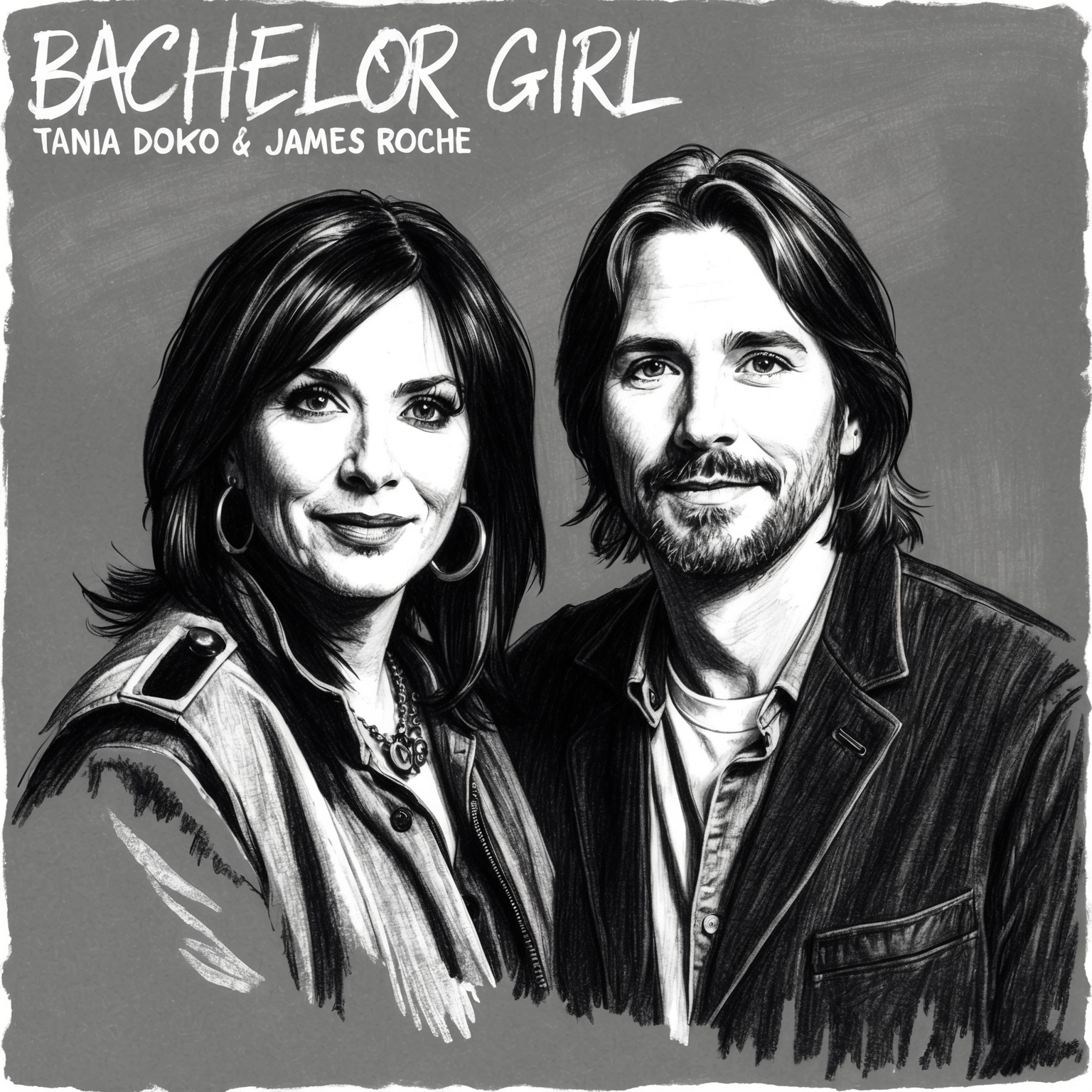 A charcoal, stylistic drawing of the band Bachelor Girl. It features a black and white charcoal portrait of Tania Doko and James Roche, with a half-finished feel to capture their musical essence. The image should have a raw, expressive texture, embodying the iconic nature of their collaboration.