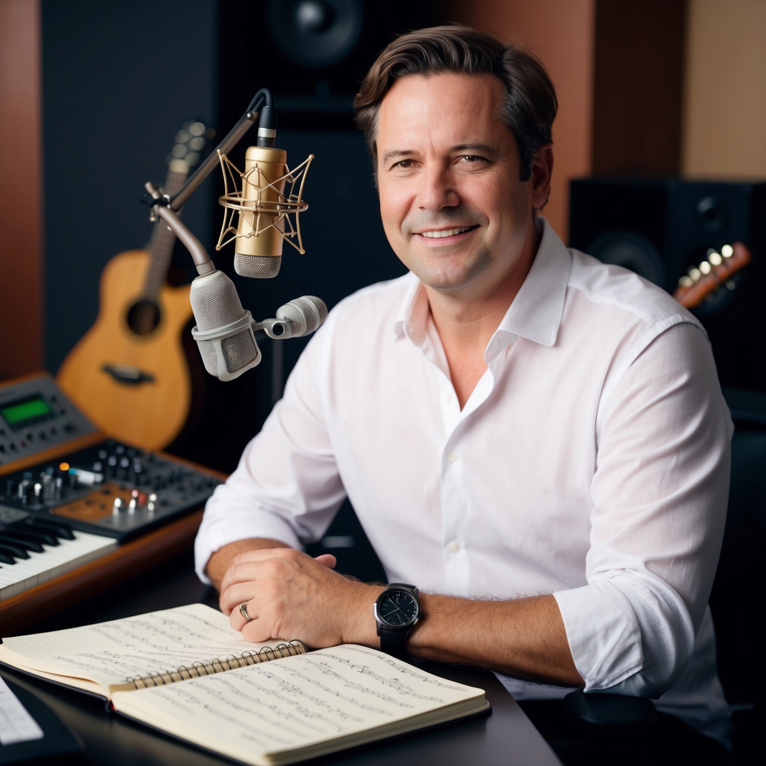 A portrait of James Roche, Australian composer, in a studio setting with recording equipment, showcasing a blend of modern and classic musical elements. His notebook filled with musical notes and a guitar nearby, capturing his essence as a composer in his creative space.