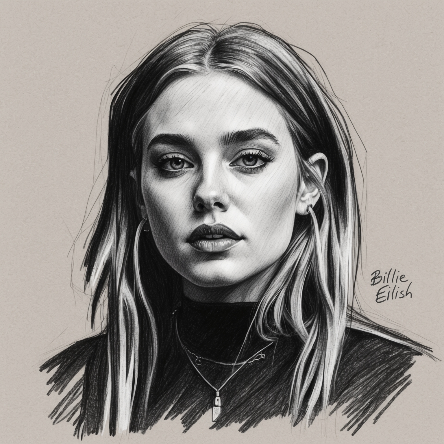 A charcoal, stylistic drawing of Billie Eilish. A black and white charcoal portrait with a half-finished feel, capturing the unique essence of the artist.