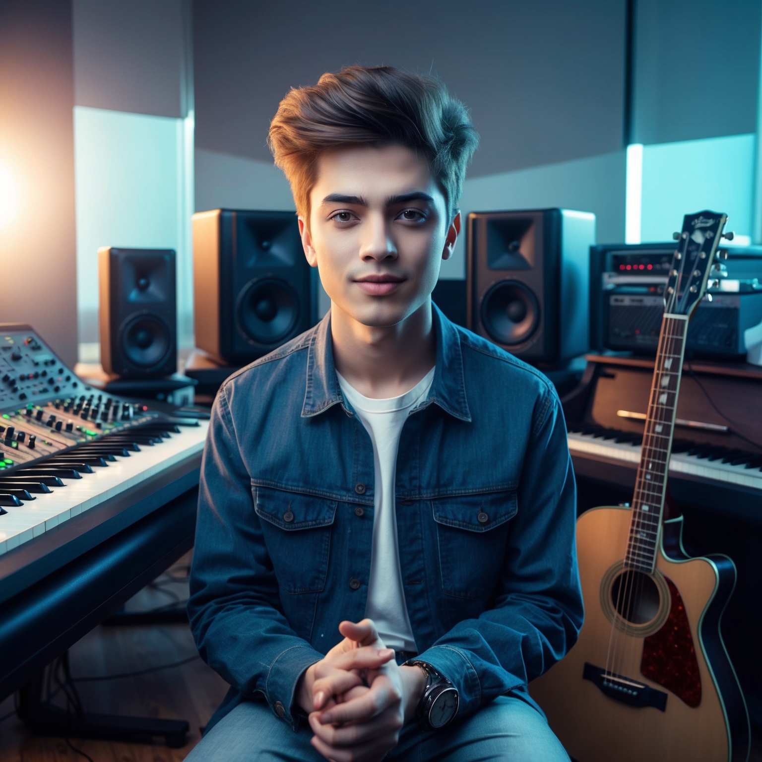 A creative, abstract representation of a young male music composer in a modern studio setting, surrounded by music equipment—mixing console, piano, and guitars; capture the essence of creativity and musical genius.