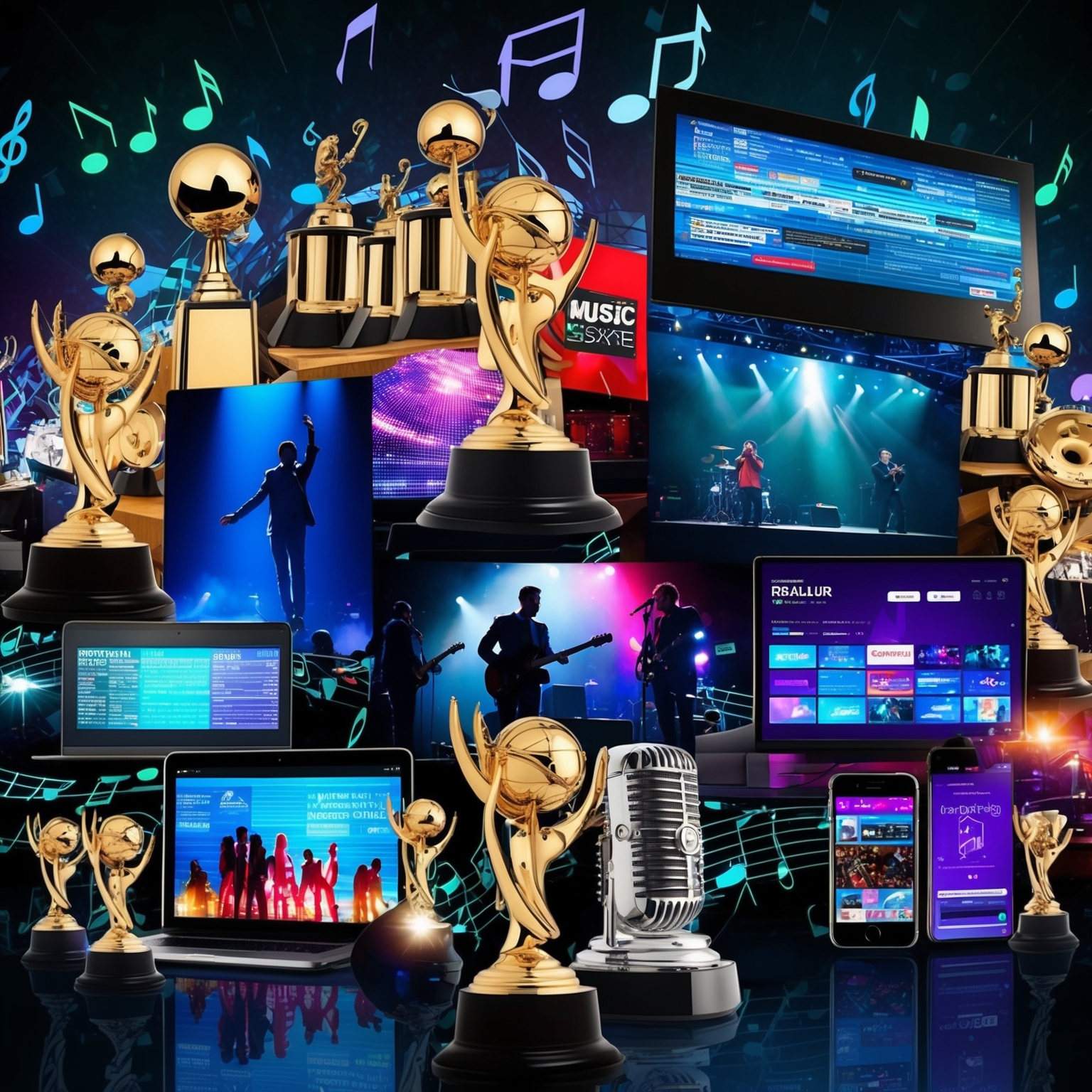 A dynamic collage featuring award trophies, iconic music stages, recognizable artist silhouettes, a backdrop of musical notes, and digital displays representing streaming platforms. The mood is celebratory with a touch of elegance, vibrant colors representing accomplishment, and various music elements showcasing a global influence.