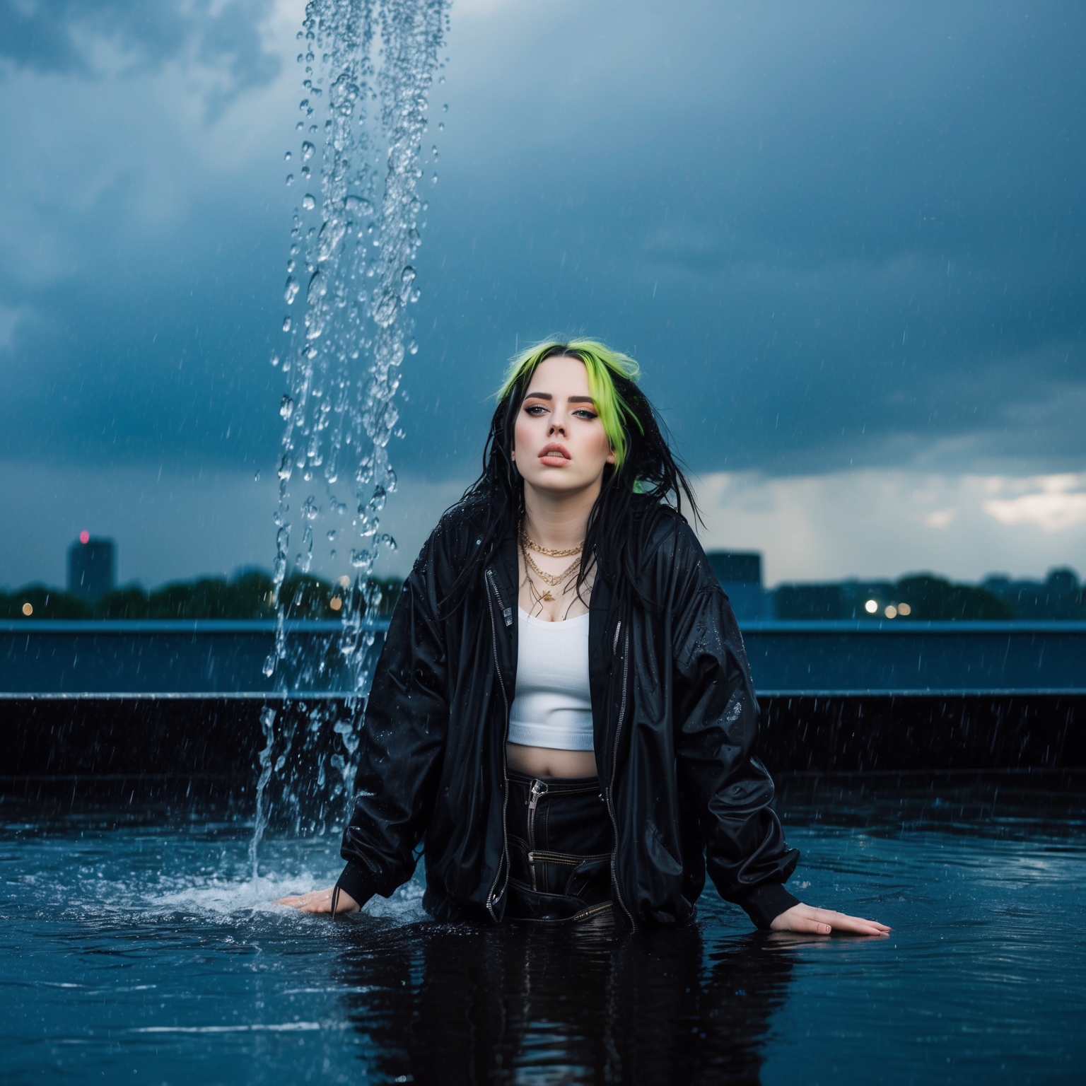 A dramatic music video scene of Billie Eilish on a rooftop during a rainstorm, capturing emotions of liberation and empowerment, with dark and moody lighting, highlighting intense emotional expression, water pouring down, representing emotional release.