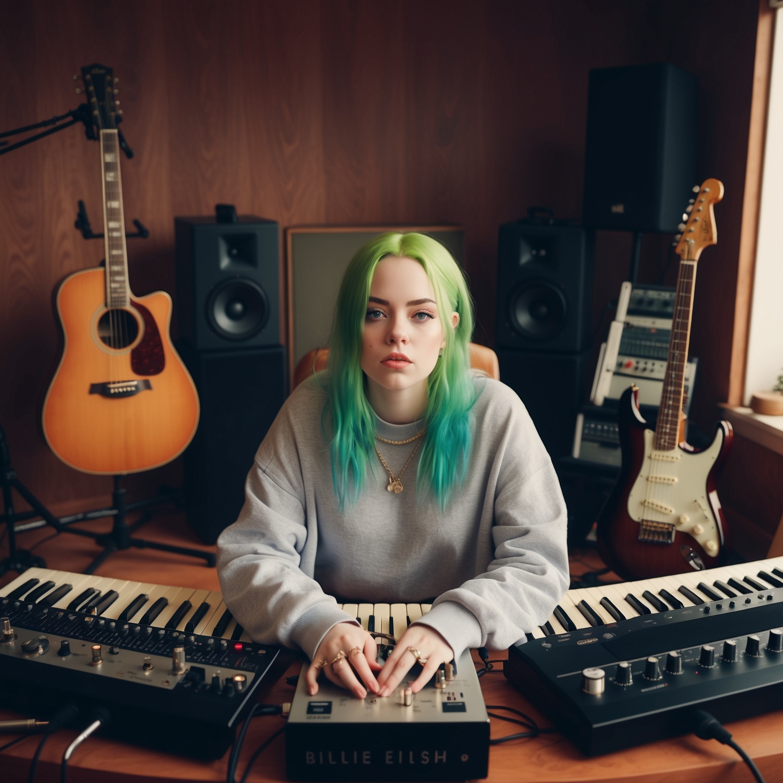 An image capturing Billie Eilish in a home recording studio environment, surrounded by musical equipment like acoustic and electric guitars, with an atmosphere of both tranquility and intensity to reflect the song