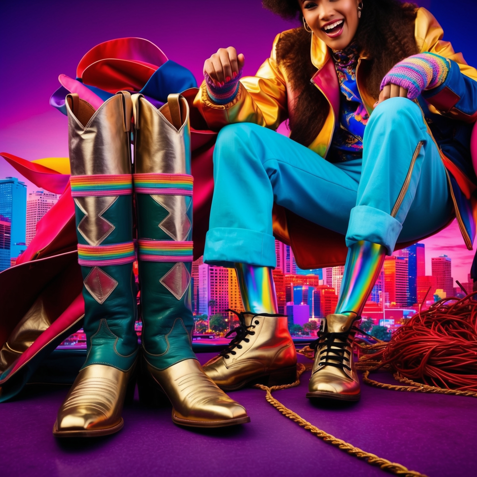 A lively scene depicting a nostalgic 1980s setting with elements like matador boots, shark skin jacket, and iridescent socks. Include imagery of a vibrant, colorful cityscape in the background, symbolizing the intertwining of personal growth and cultural references. The scene should convey a sense of nostalgia and resilience.