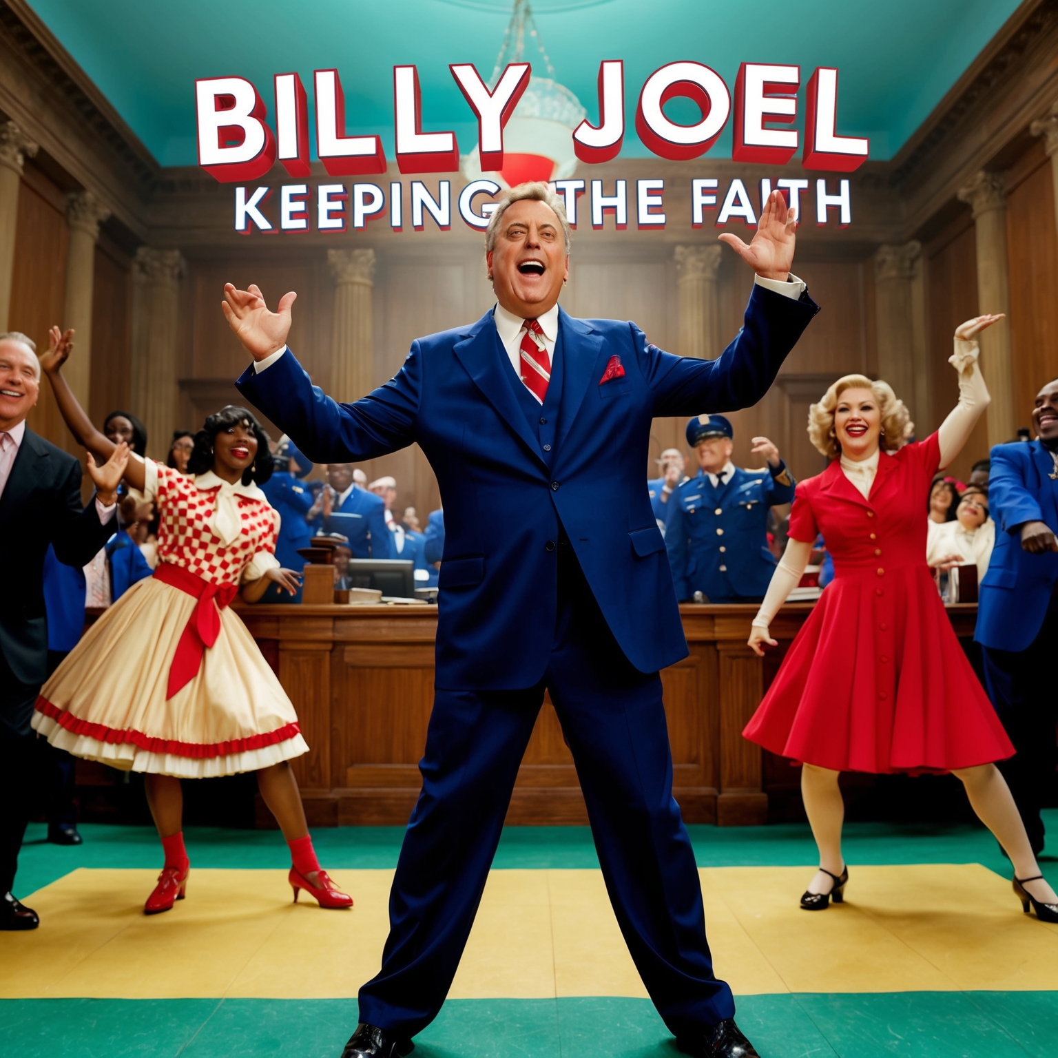 A vibrant and retro-themed music video set in a courtroom for Billy Joel