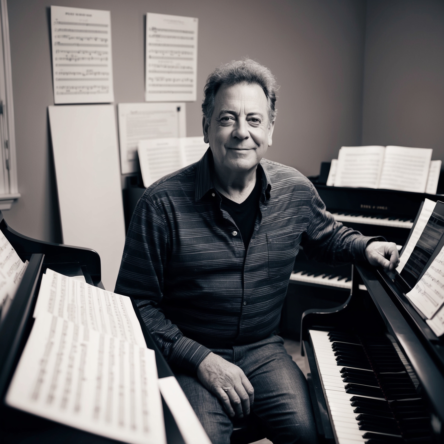 A portrait of Billy Joel in his studio, surrounded by pianos and sheet music, capturing his essence as a composer with an expression of creative intent.