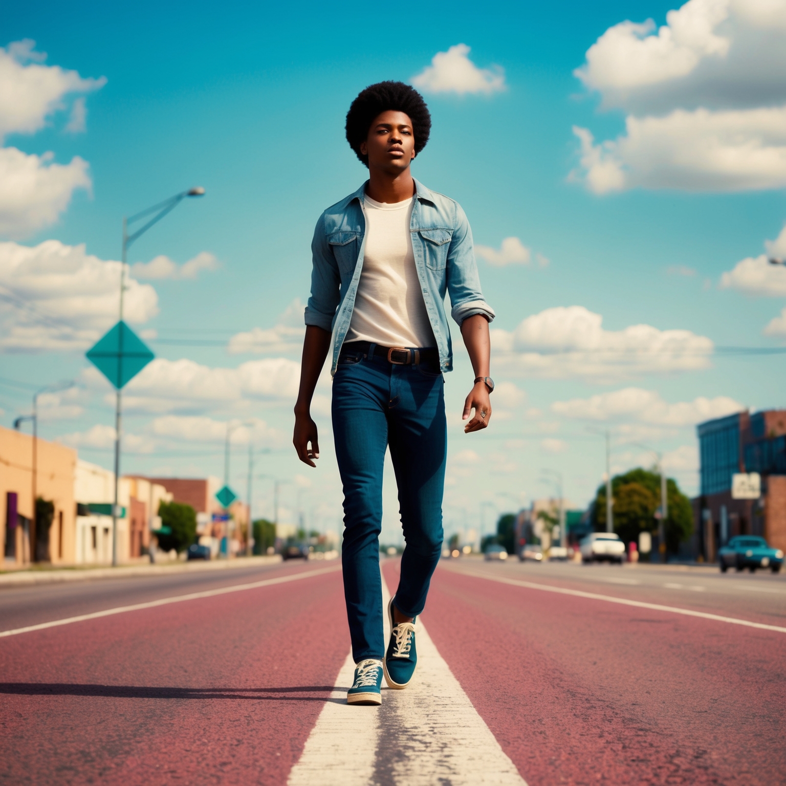 Create a digital art piece capturing a moment of personal liberation, illustrating a young man confidently walking down a vibrant urban street, surrounded by symbols of freedom like open skies and open roads, with a subtle 1970s aesthetic.