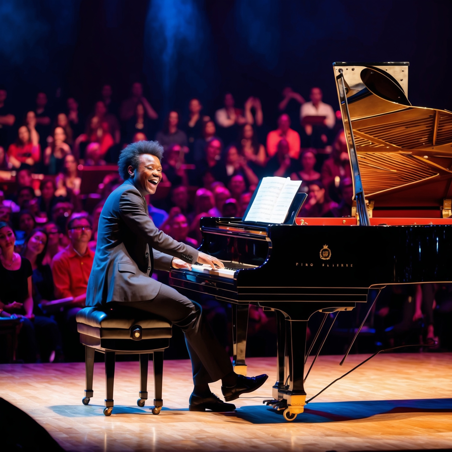 A lively concert scene featuring a dynamic performer at the piano, capturing the energy and spirit of a live performance, with an audience captivated by the music.