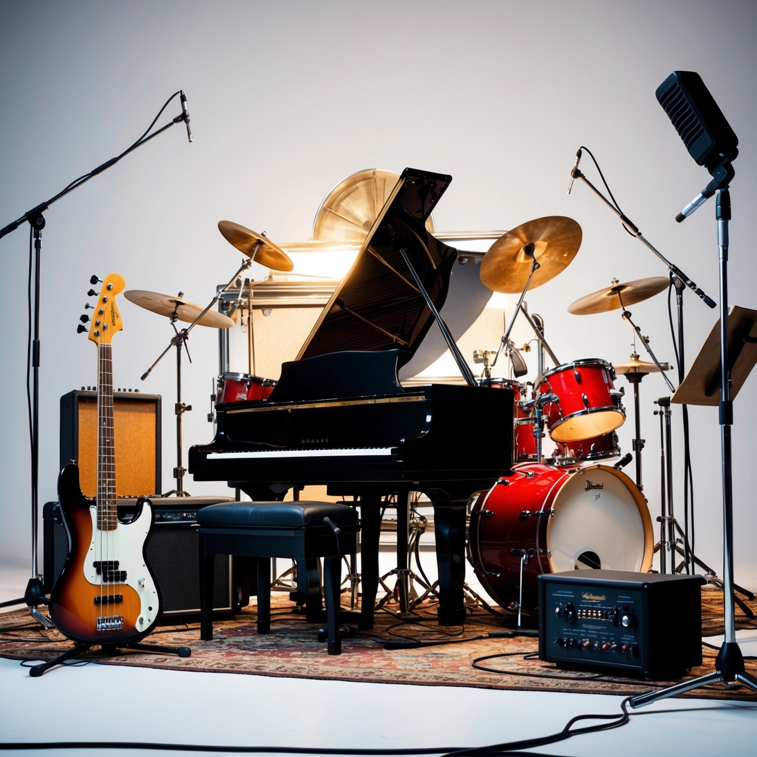 An intricate musical composition featuring a piano as the central element, surrounded by electric guitar, bass, and drums, capturing bright and energetic vibes. The scene suggests recording studio elements with microphone stands and sound mixing boards, reminiscent of a 1970s rock-pop fusion.