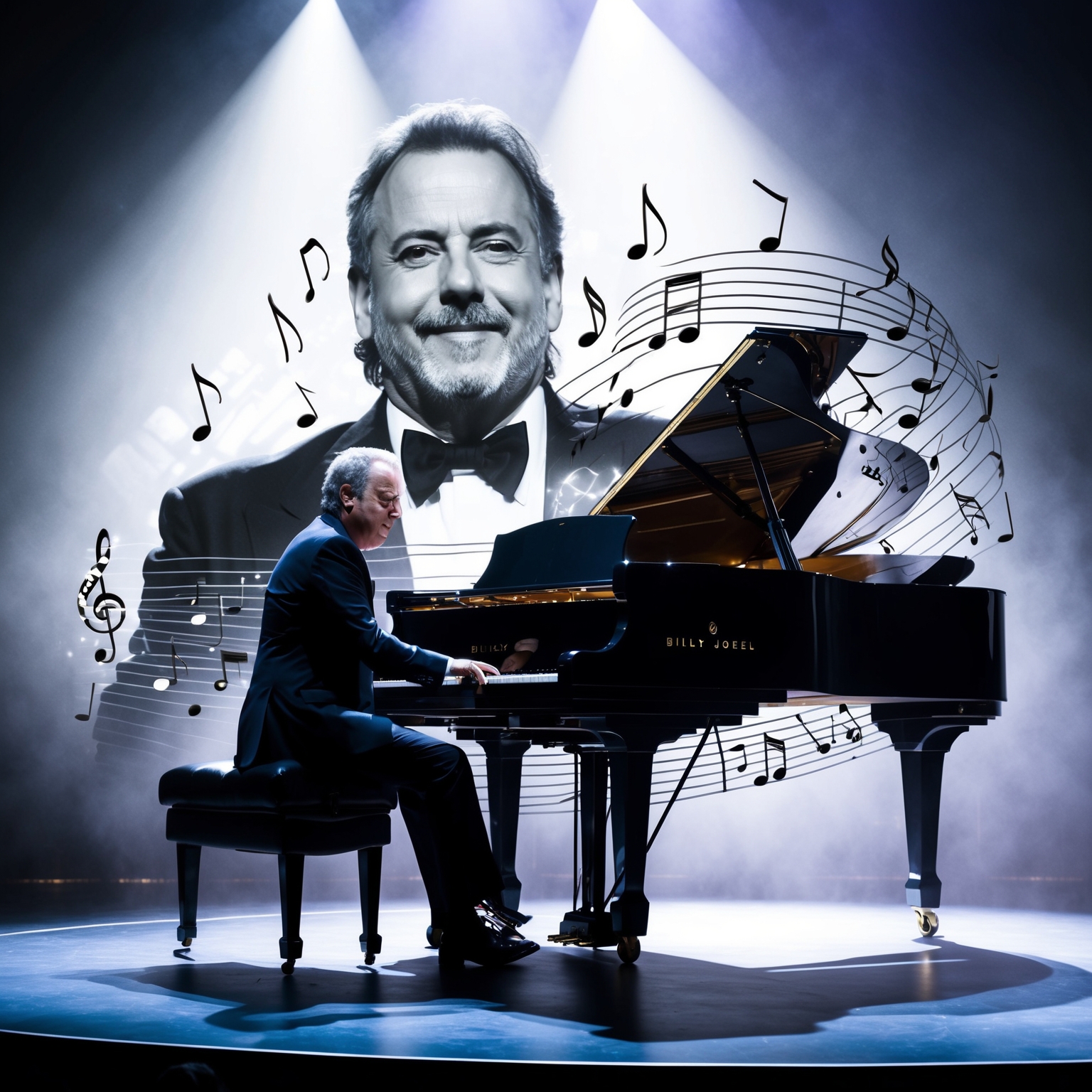 A depiction of Billy Joel at a grand piano during a live performance, with musical notes and creative energy visually represented, capturing his impact as a composer in the music industry.