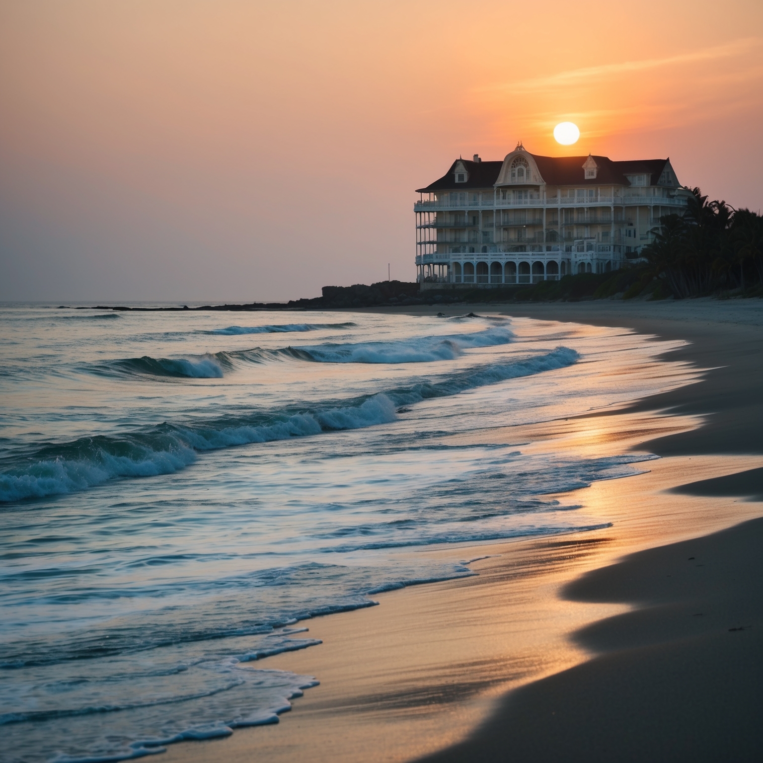 A serene beach with an old-fashioned hotel in the background. The scene encapsulates nostalgia, with waves gently lapping the shore under a setting sun, symbolizing time