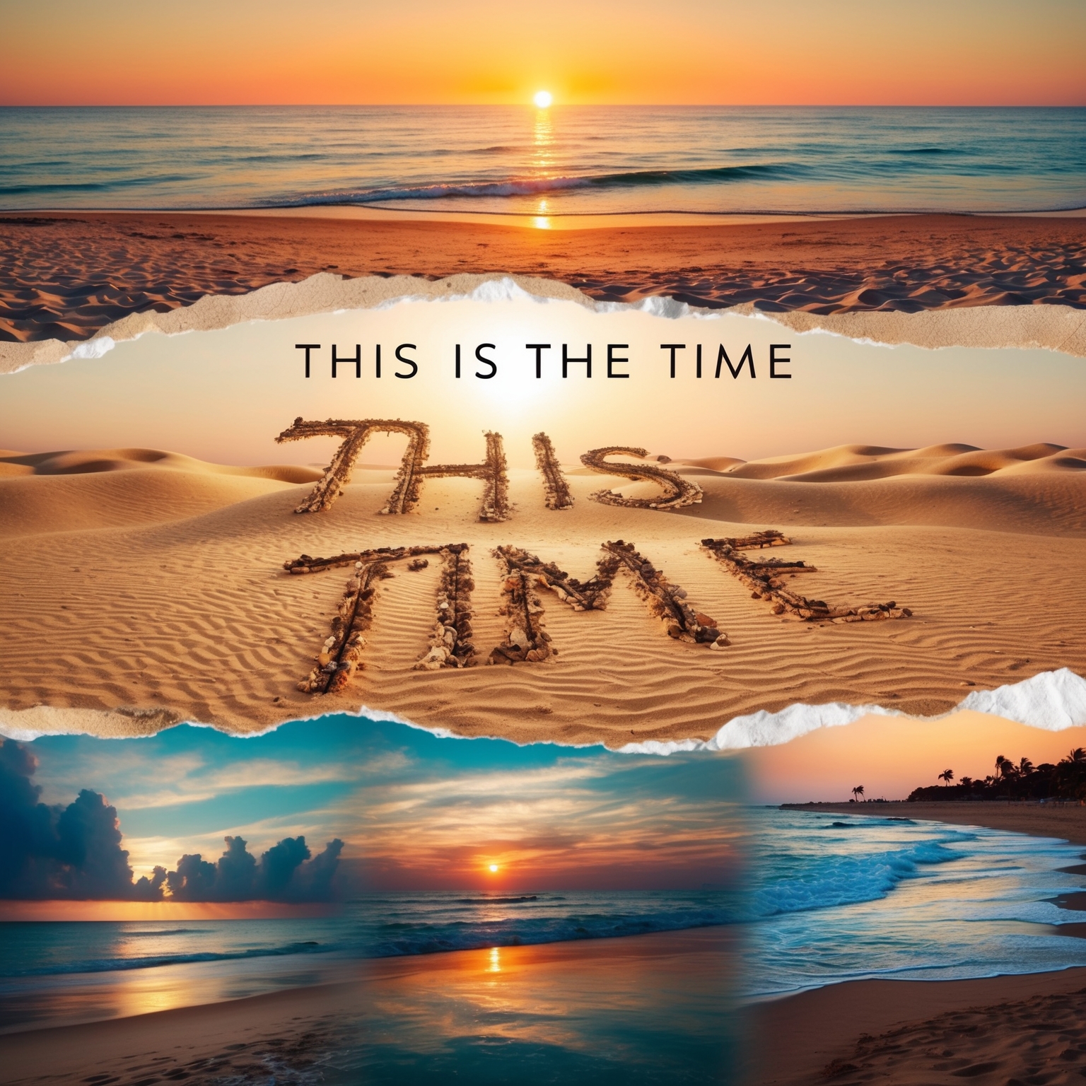 Create an image illustrating a nostalgic montage of sandy beaches and sunsets, encapsulating the timeless and reflective nature of 