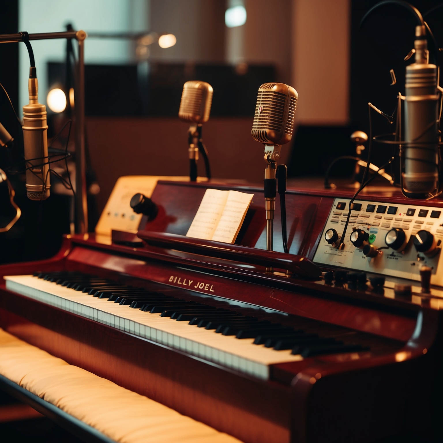 A close-up of a 1980s New York recording studio setup with an emphasis on a sleek piano, vintage microphones, and production equipment reflective of the era. The mood should be warm and nostalgic, capturing the ambiance of Billy Joel