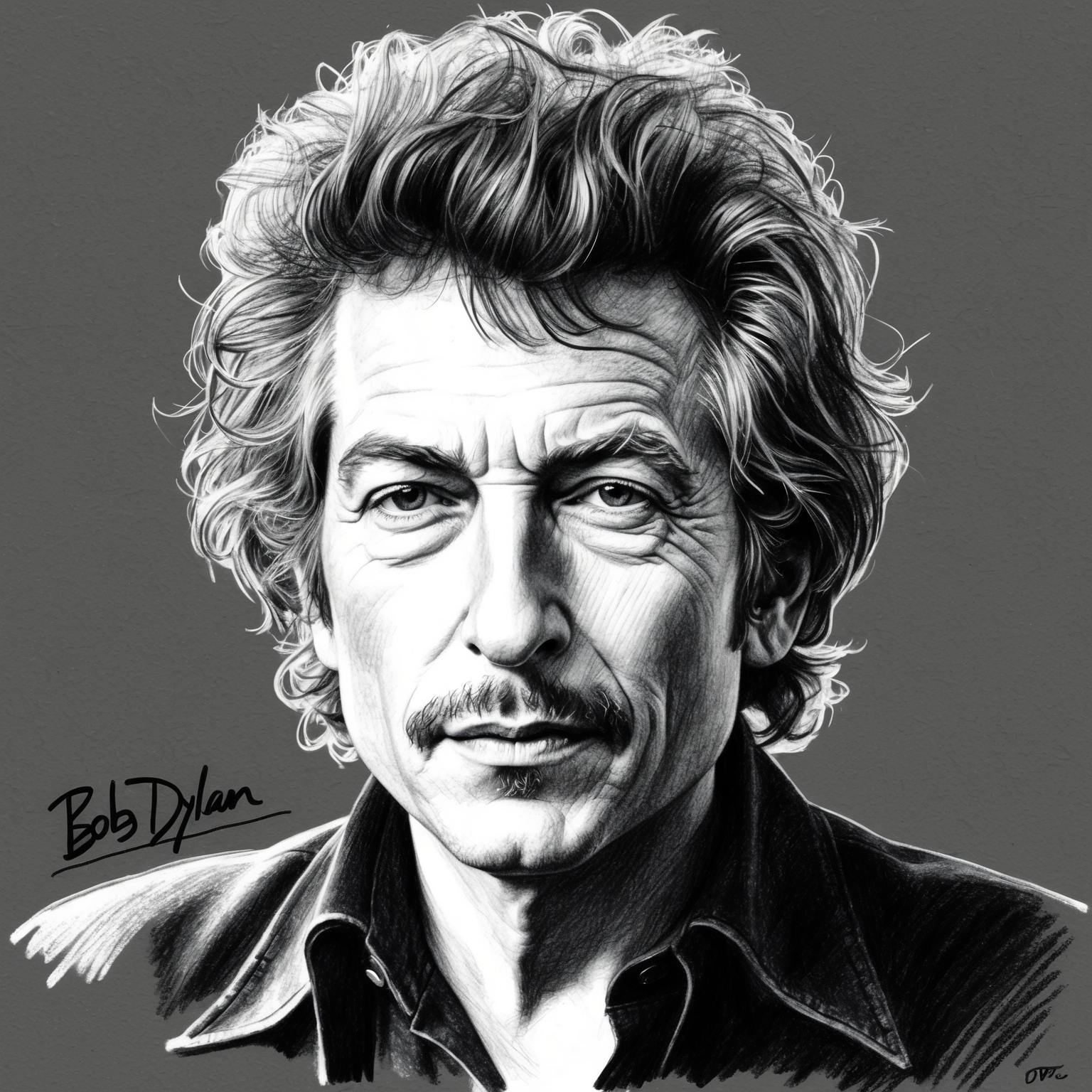 Create a black and white charcoal portrait of Bob Dylan, capturing his iconic look in a stylistic, half-finished style, reflecting his enigmatic and ever-evolving musical persona.