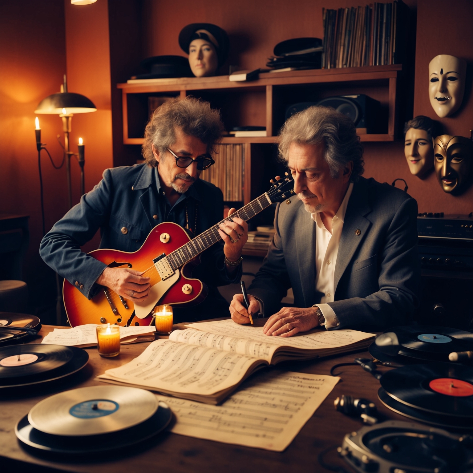 A creative representation of Bob Dylan and Jacques Levy collaborating in a cozy, candle-lit studio. The room is filled with musical instruments, old vinyl records, and scribbled lyrics. Bob Dylan, with his iconic electric guitar, and Jacques Levy, surrounded by theatrical masks, work together on a music manuscript, embodying the synergy of music and theater.