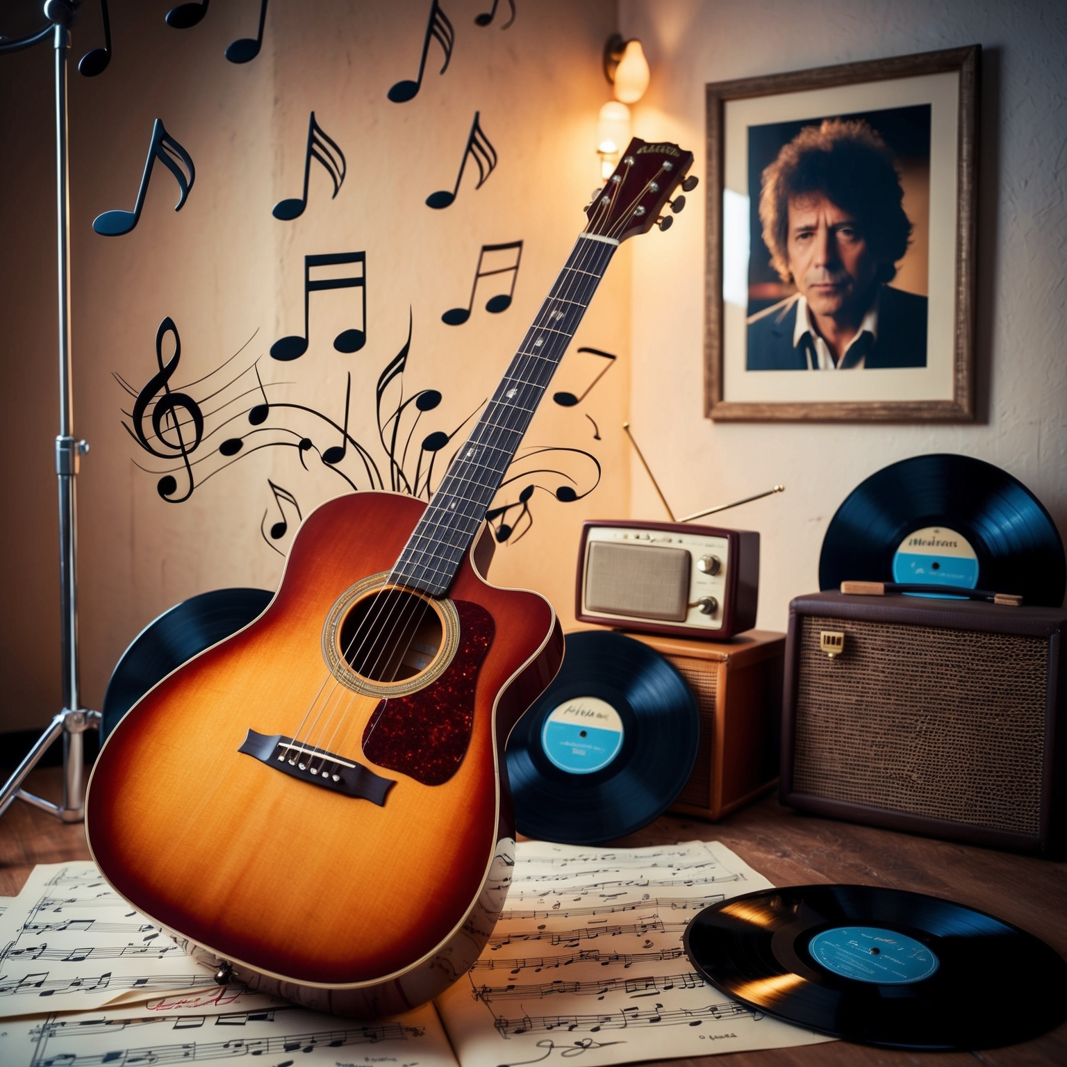 A classic acoustic guitar surrounded by musical notes, with soft lighting in a cozy, vintage music studio setting. Include an old radio, vinyl records with album covers resembling 1970s design, a framed photo of Bob Dylan in the background. The ambiance should convey a sense of nostalgia and timeless music appreciation.