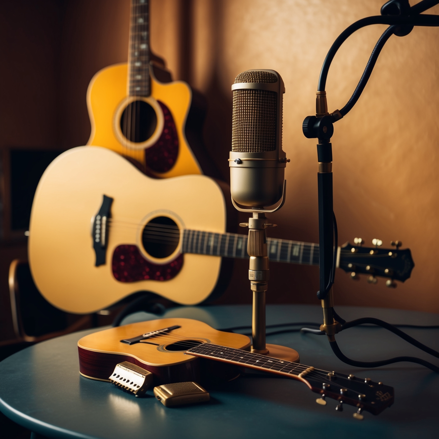 Create an image depicting a serene recording studio setting from the 1970s, with acoustic guitars, a harmonica, and a vintage microphone. Include subtle lighting to evoke a warm, introspective atmosphere. The artist should be capturing the essence of a heartfelt and intimate musical session, embodying the timeless folk genre.