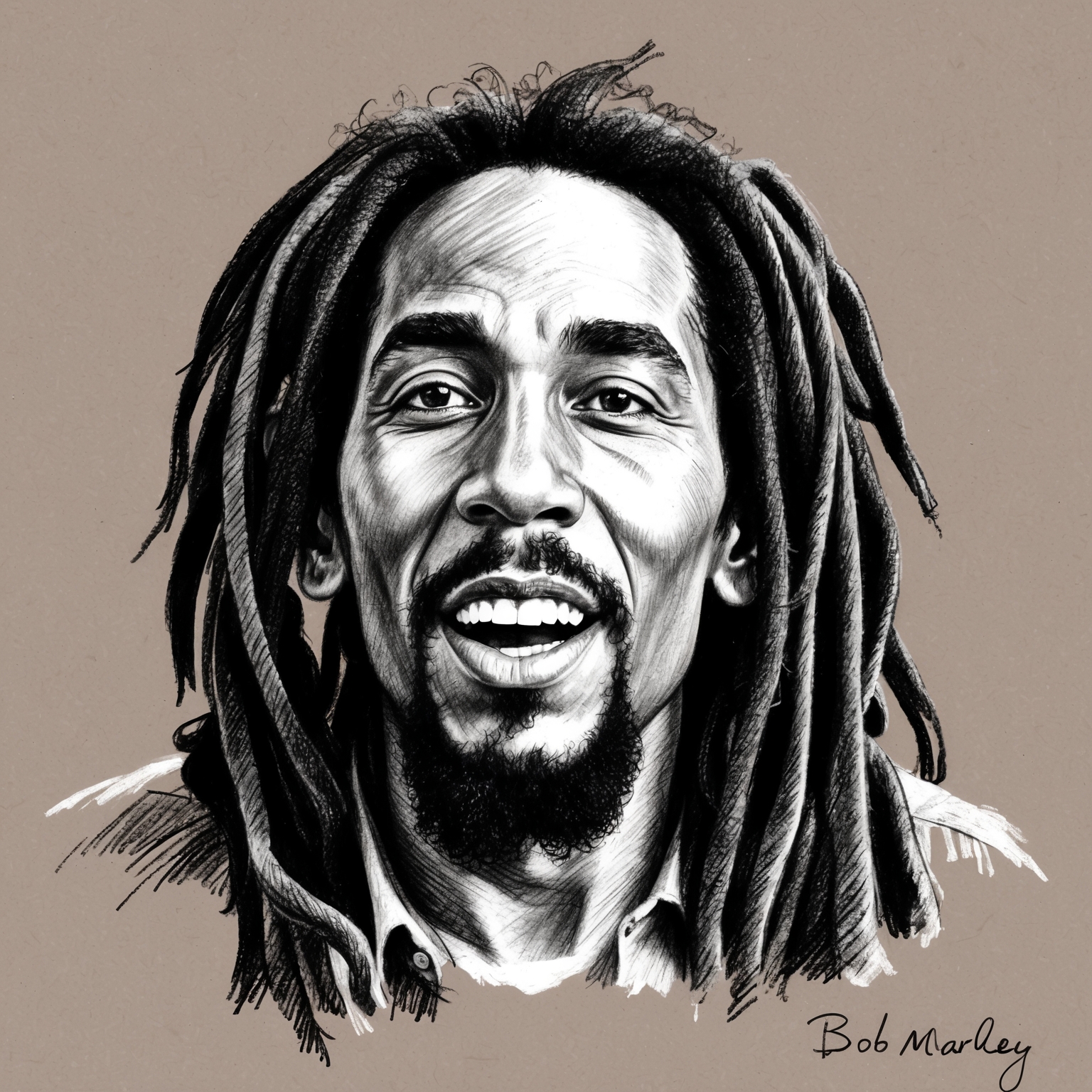 Create a black and white charcoal portrait of Bob Marley, capturing his essence as the iconic reggae artist. The drawing should have a half-finished feel, highlighting Marley