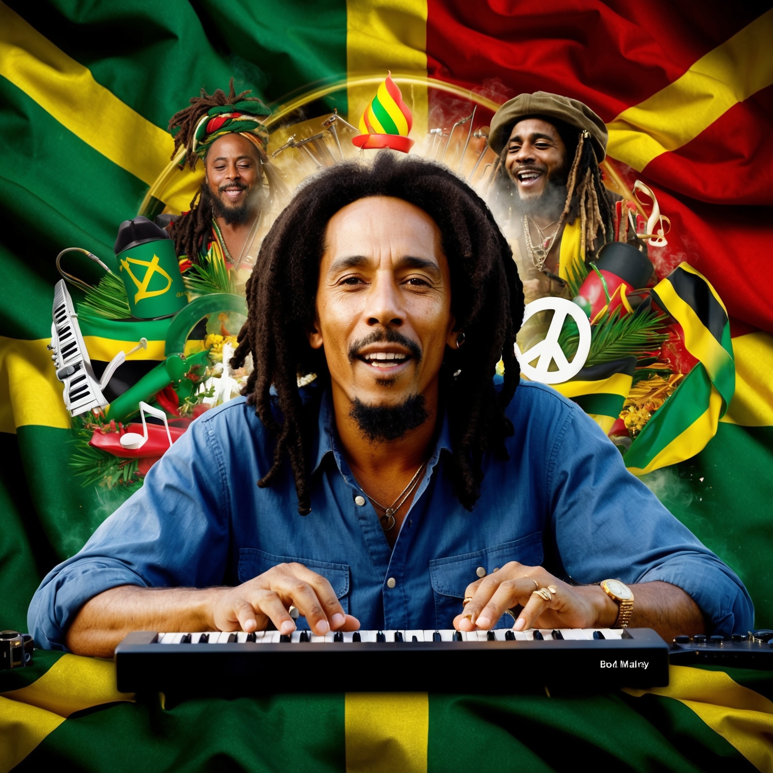 Portrait of Bob Marley composing music, surrounded by Jamaican reggae elements, infused with colors symbolizing peace and unity, depicting his influence on music and culture.