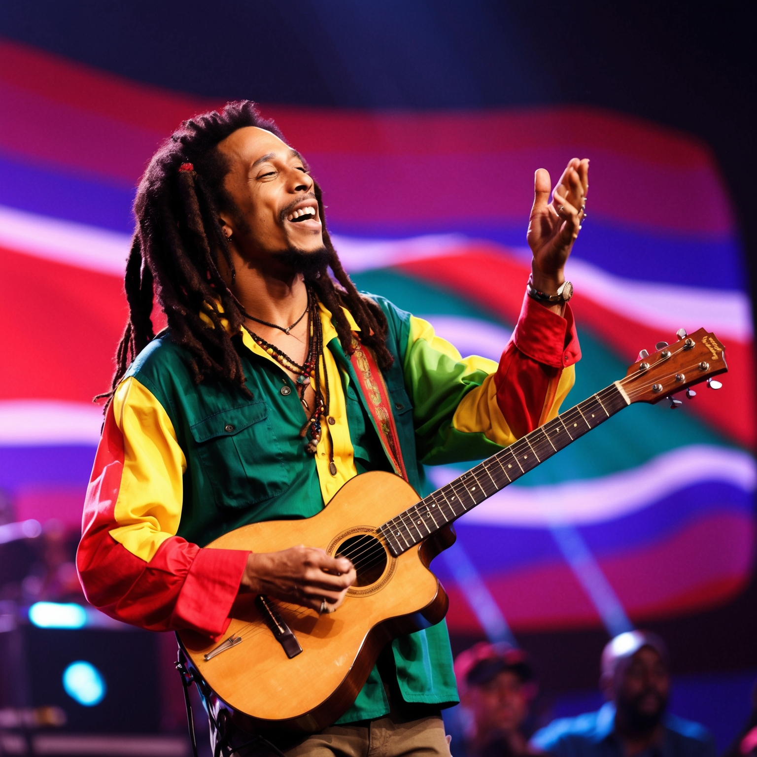 Create an artistic representation of Bob Marley performing 