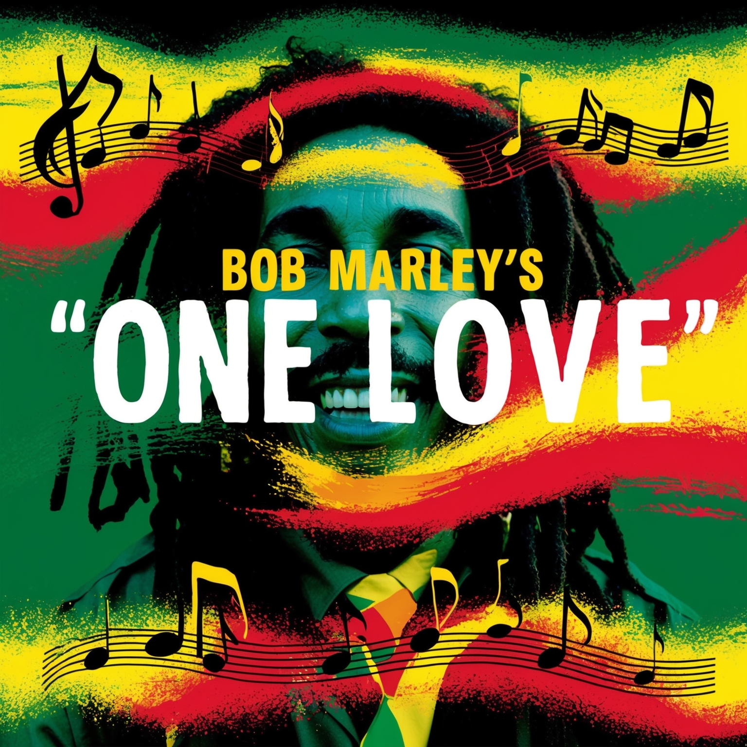 Create an image featuring a timeless and vibrant reggae theme, showcasing the spirit of unity and hope embodied by Bob Marley