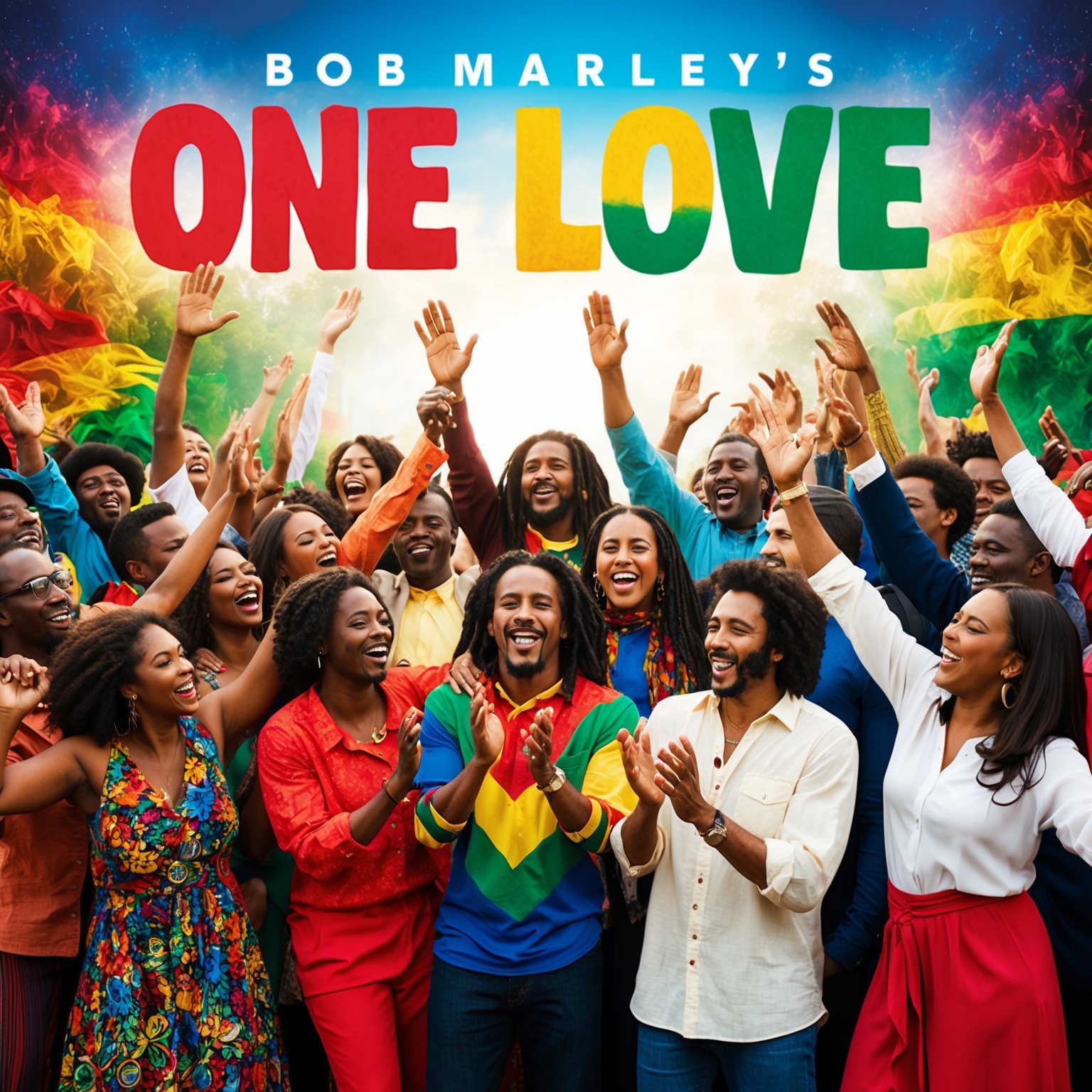 A vibrant and uplifting scene depicting diverse groups of people celebrating together, inspired by Bob Marley’s 