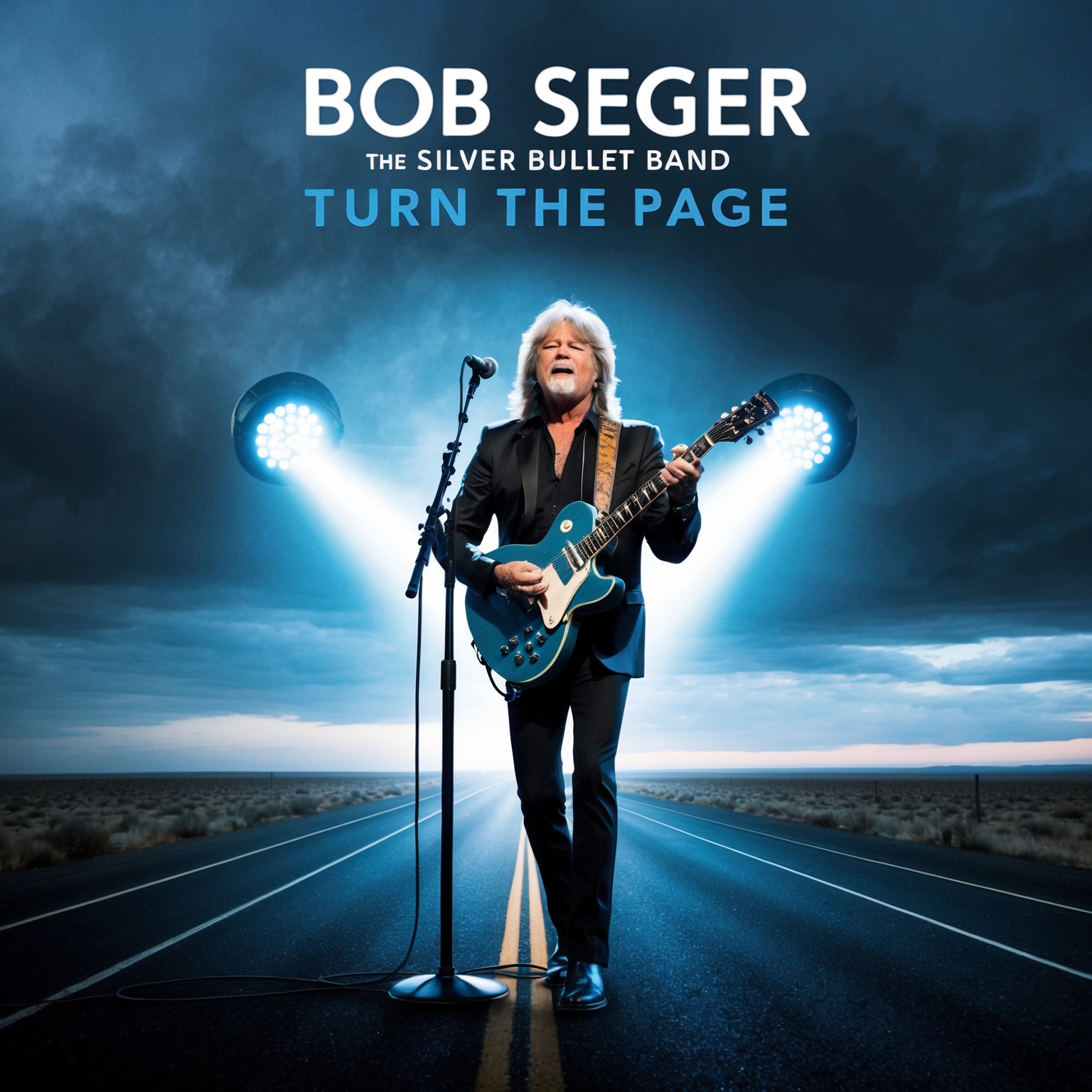 Create an image of Bob Seger performing on stage with the Silver Bullet Band, capturing the intensity and emotion of a live performance. Include elements symbolizing the open road and solitude, such as a highway stretching into the distance under a moody sky, to reflect the themes of 