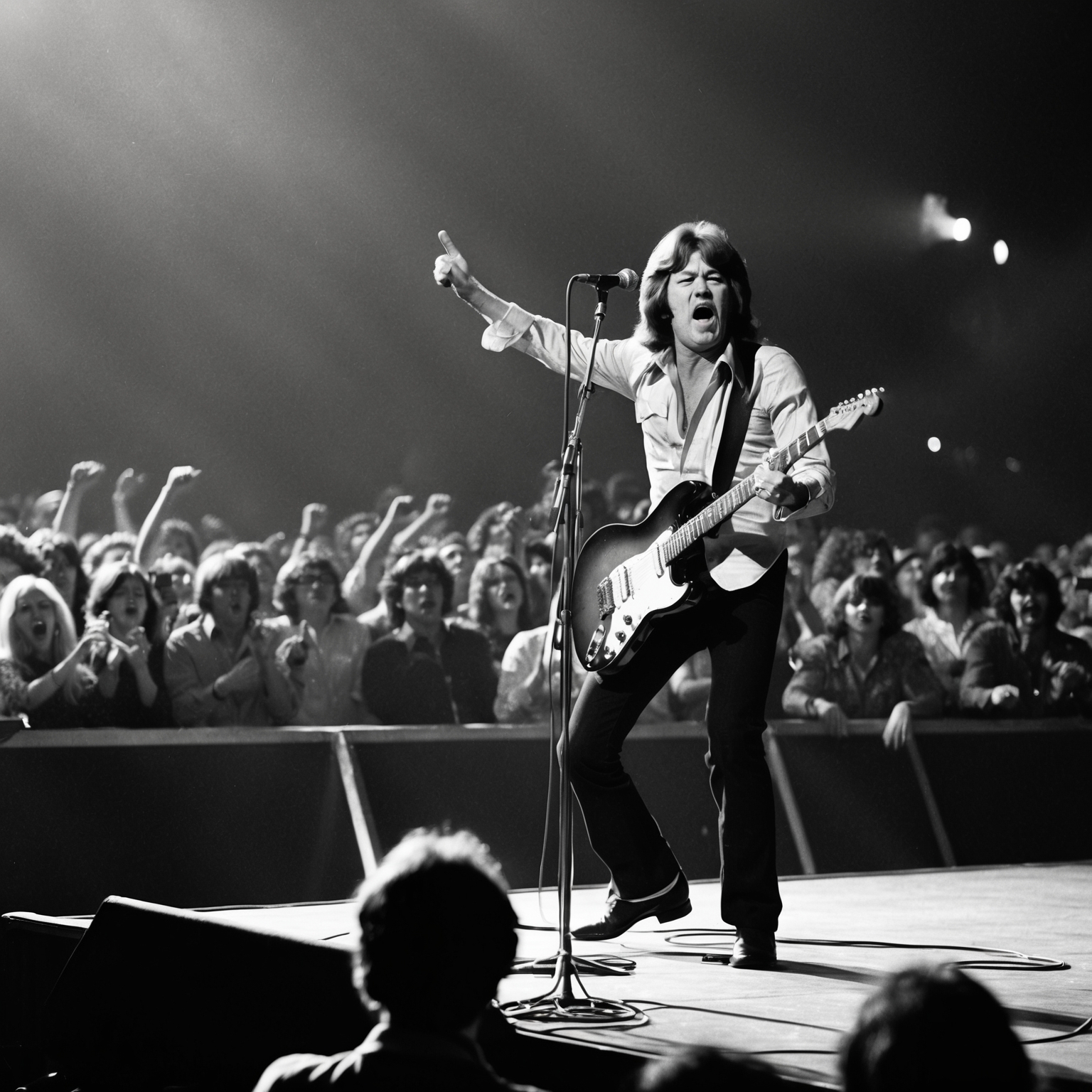 A vintage 1970s rock concert scene featuring Bob Seger performing live with an energetic crowd, capturing the essence of classic rock and the era