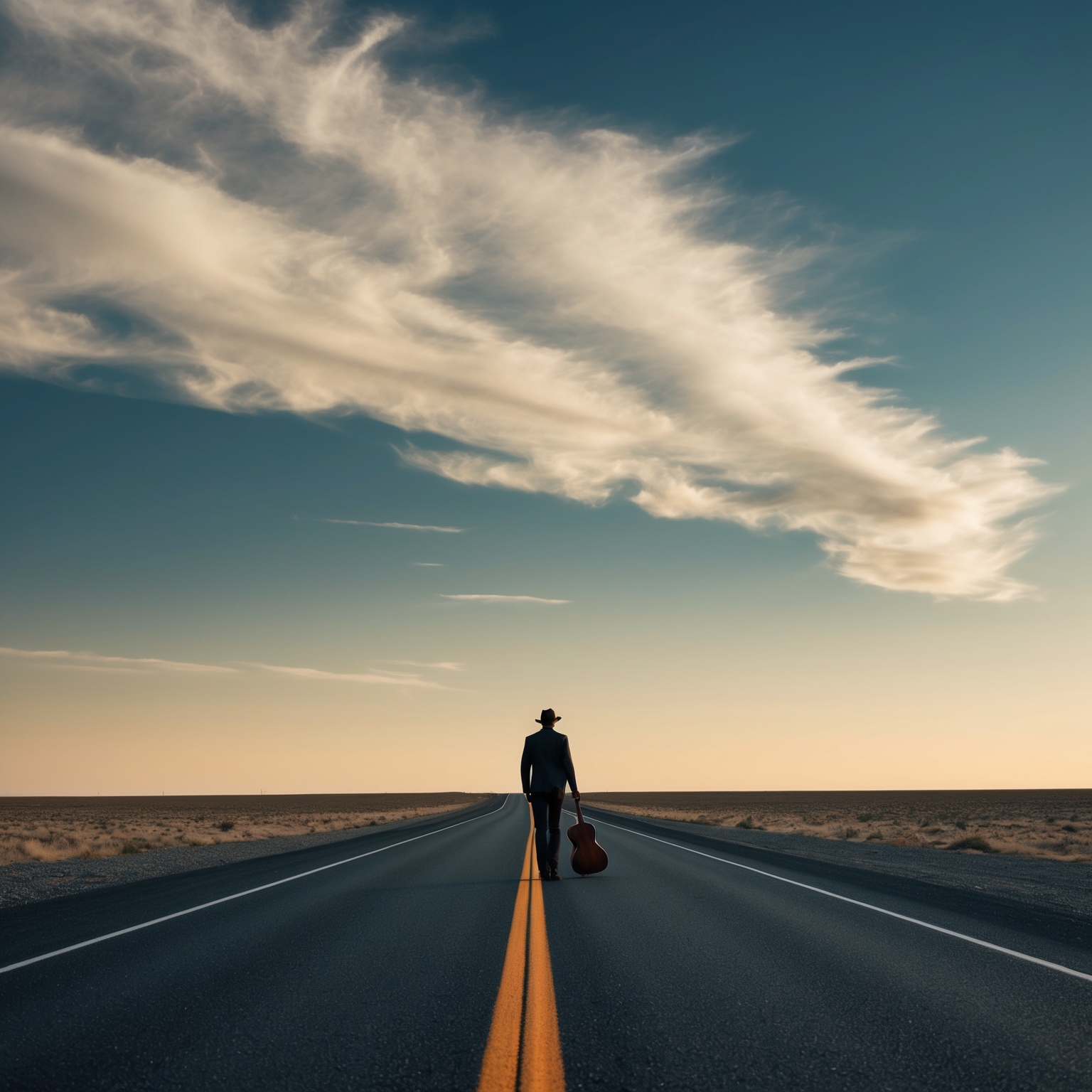 Illustrate a long, lonesome highway under a vast, open sky with a distant silhouette of a musician walking along the road, guitar case in hand, capturing the solitude of a solitary journey.