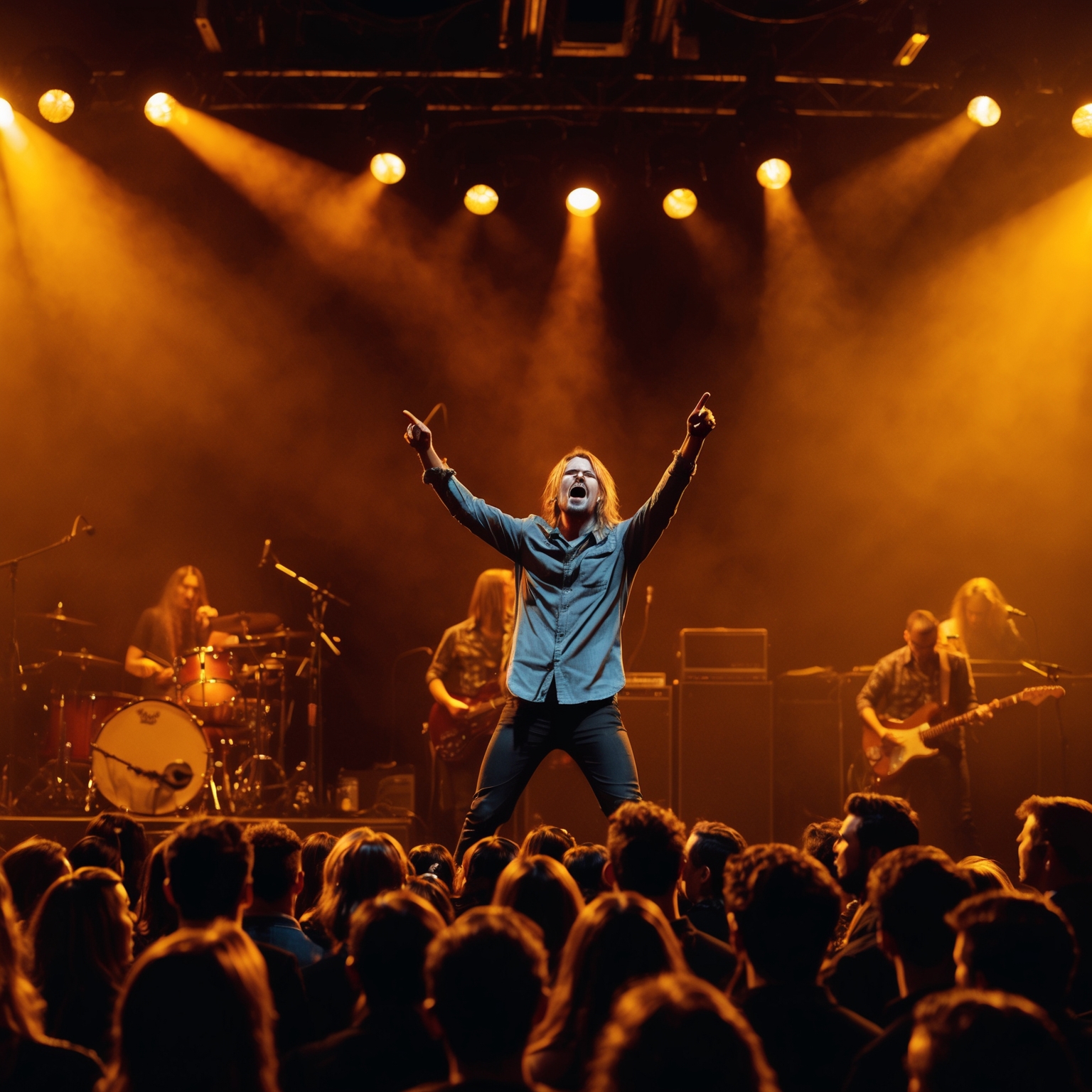 A stage flooded with warm, golden lights, capturing a band passionately performing to a captivated audience. Emphasize the gritty and reflective mood, as the lead singer conveys emotion through this live performance scene.