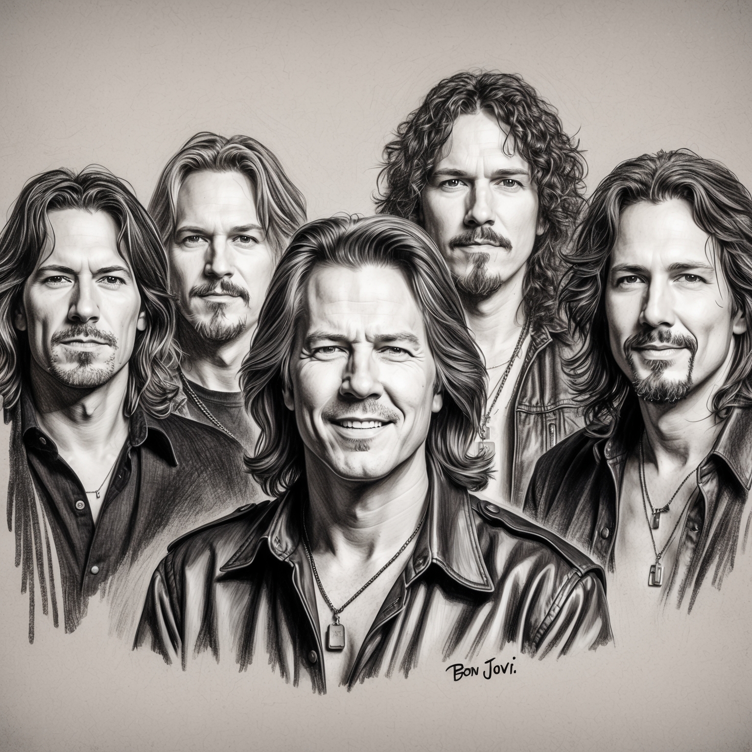 Create a stylistic charcoal drawing of Bon Jovi, capturing a sense of the band