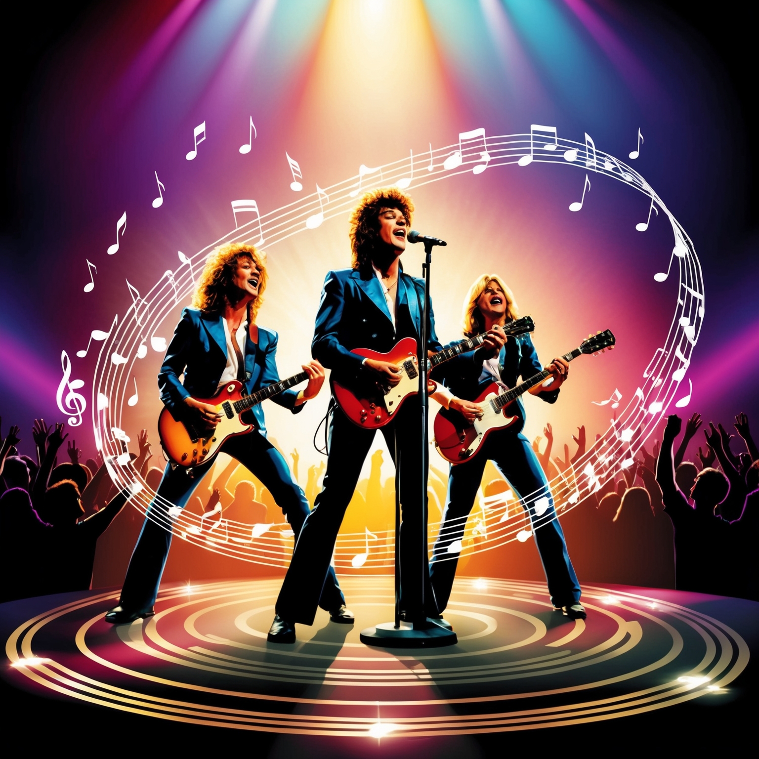 A dynamic illustration showing a rock band performing on stage in a vibrant 1980s rock style, with prominent guitars and a standing microphone in the spotlight. The scene should capture both the electric energy and stylish elements of that era. Emphasize the musical notes and chords swirling around, showing the melody and rhythm brought to life against enthusiastic crowd silhouettes.